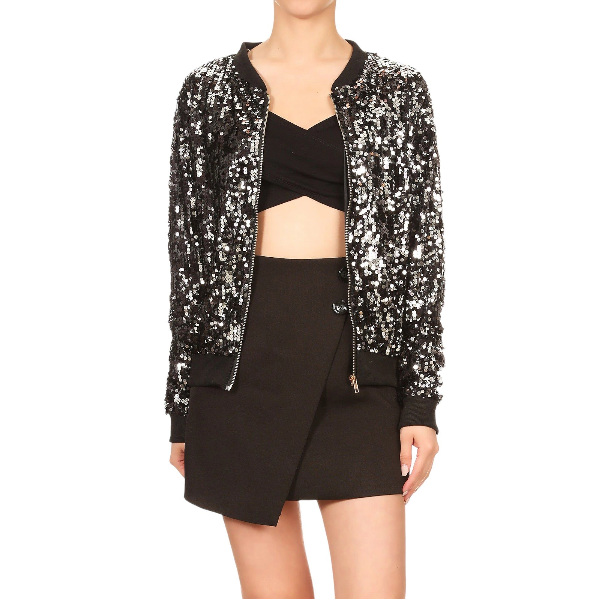 Anna-Kaci Women's Sequin Shiny Bright Color Bomber Zip-Up Solid Jacket