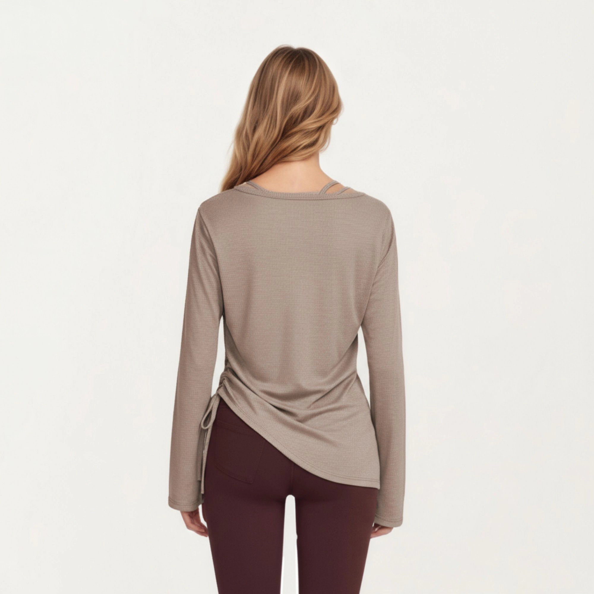 Anna-Kaci Women's Long Sleeve V Neck Top with Soft Textured Fabric Relaxed Draped Silhouette and Curved Hemline