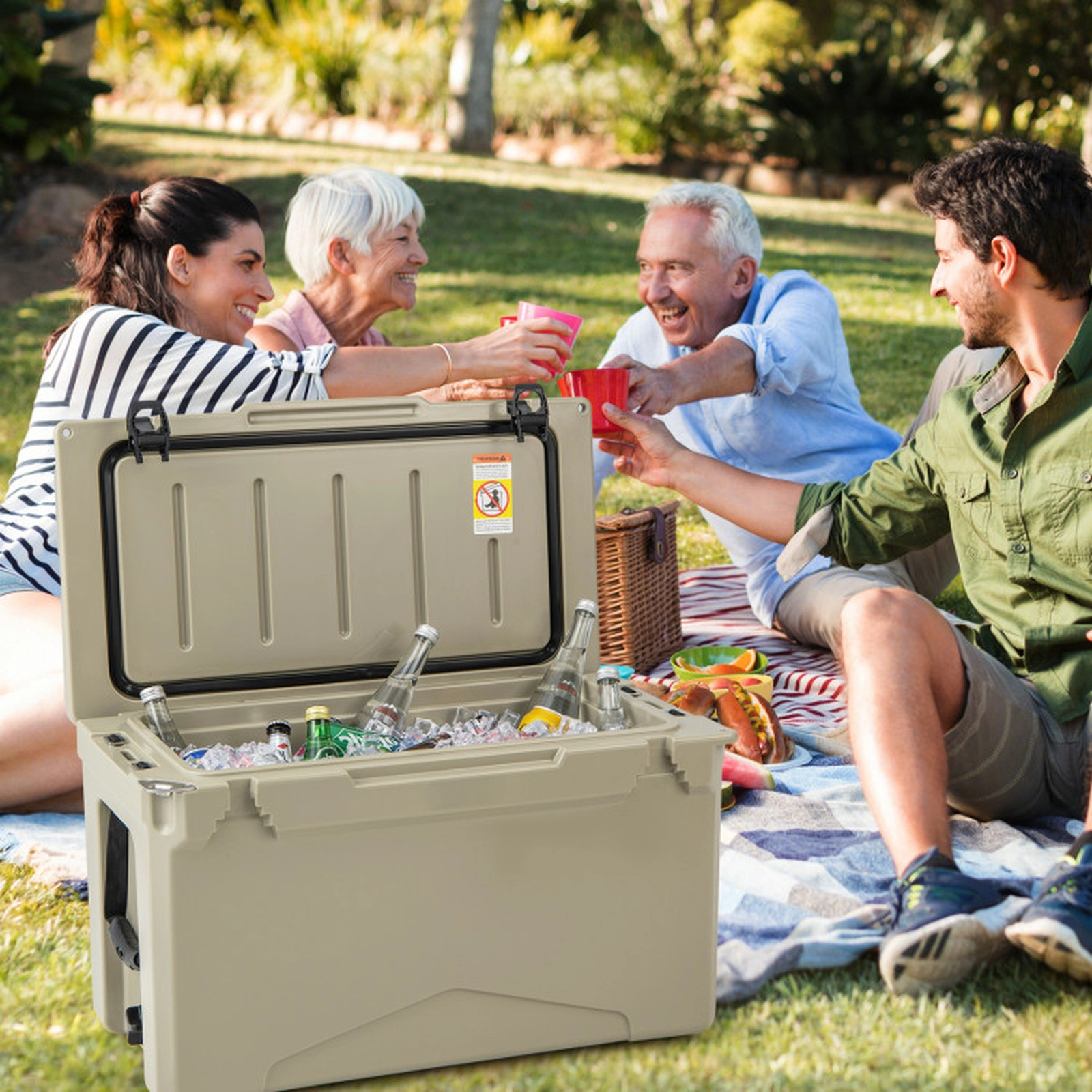 SUGIFT Tan 50-qt 220-lb Capacity Rotomolded Hard Cooler Ice Chest with Cup Holders and Bottle Opener