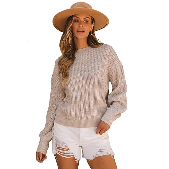 Sol Living Womens Cable Knit Sleeve Drop Shoulder Crew Neck Pullover Sweater