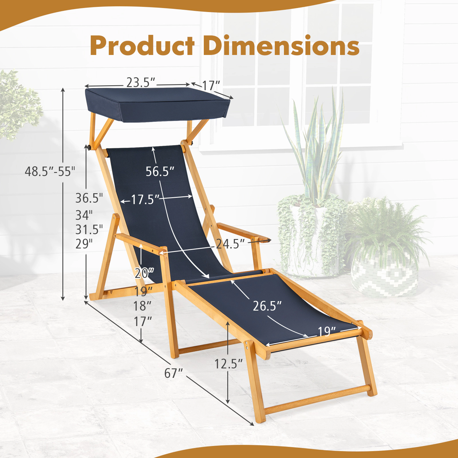 SUGIFT Birch Wood Chaise Lounge Beach Chair with Canopy, 4-Position Backrest, Footrest, Navy