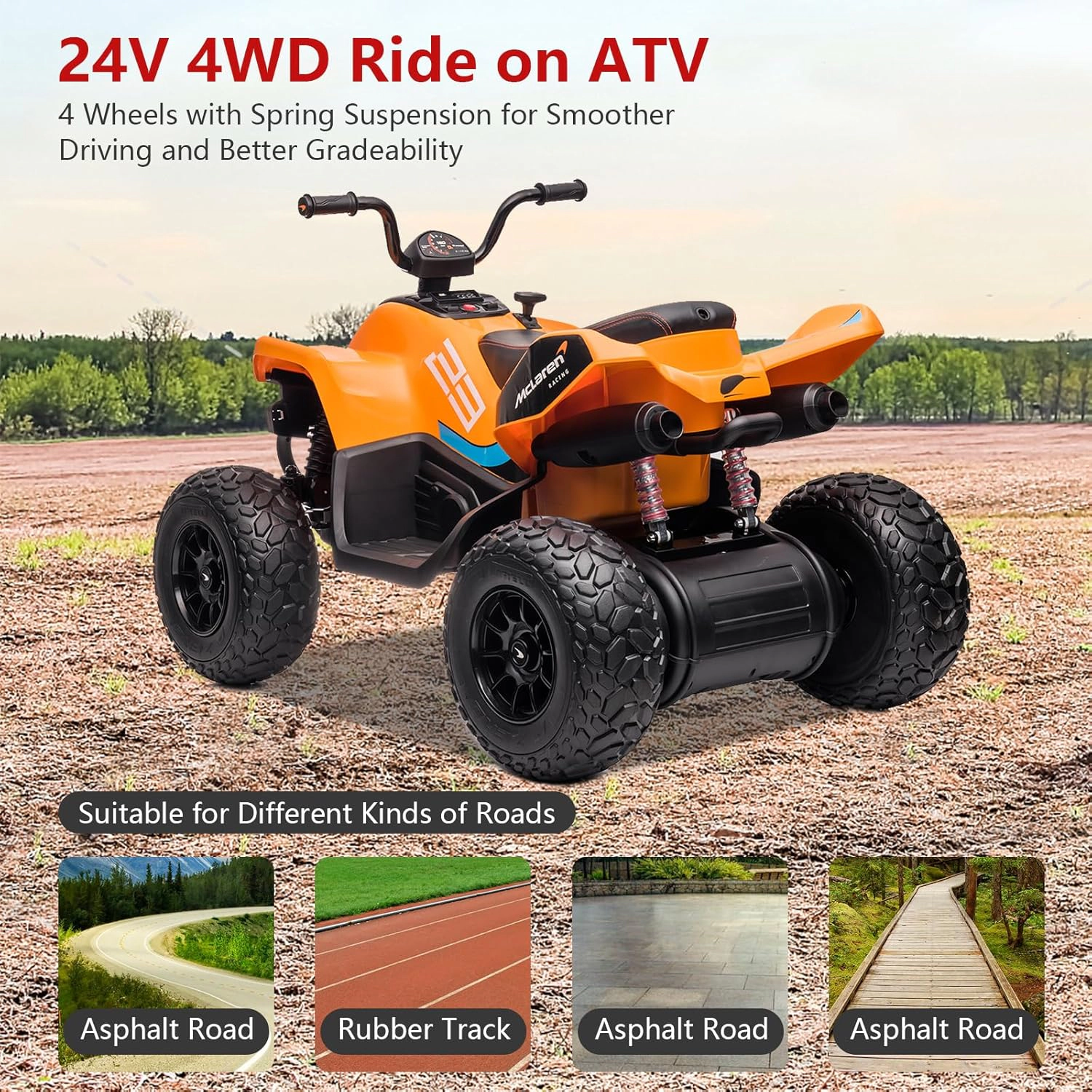 Licensed McLaren 24V Kids Ride-On Car, Electric 4-Wheeler Quad ATV w/ 2 Speeds, LED, Bluetooth & Music