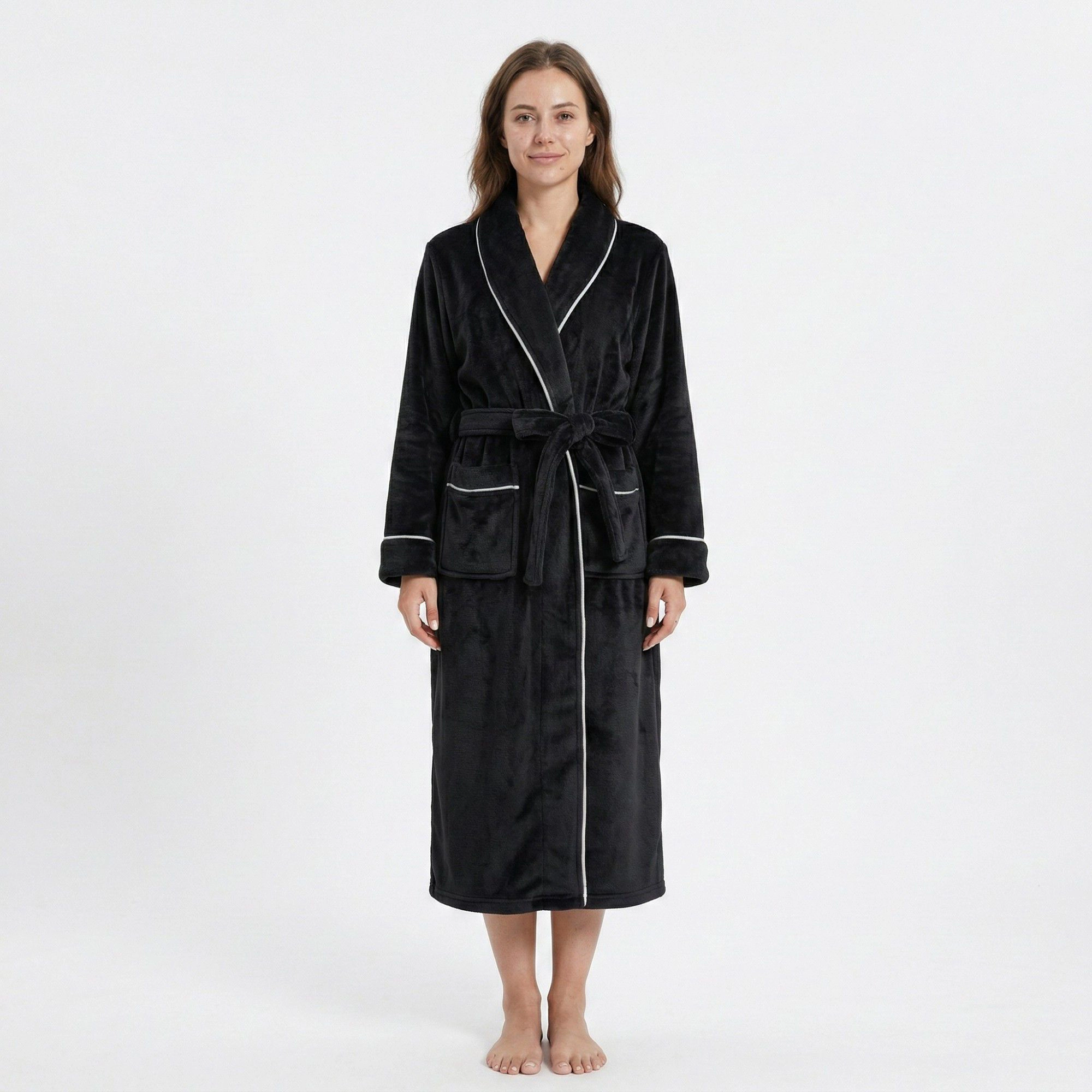 Anna-Kaci Women's Plush Hooded Bathrobe with Waist Tie Belt Long Sleeve Wrap Design and Front Patch Pockets