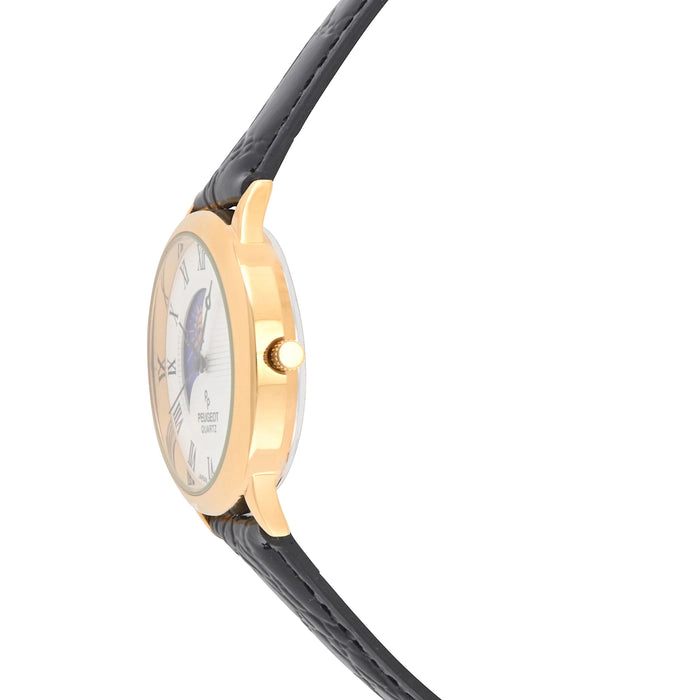 Peugeot Men's 38mm White Dial Sun-Moon Leather Strap watch