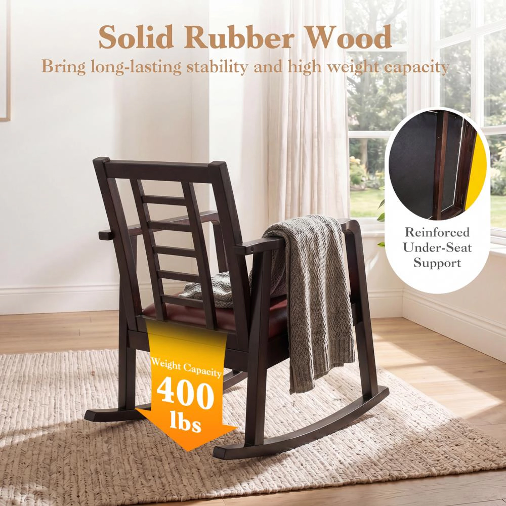 Hivvago Wooden Rocking Chair With Upholstered Seat And Ladder Back For Living Room