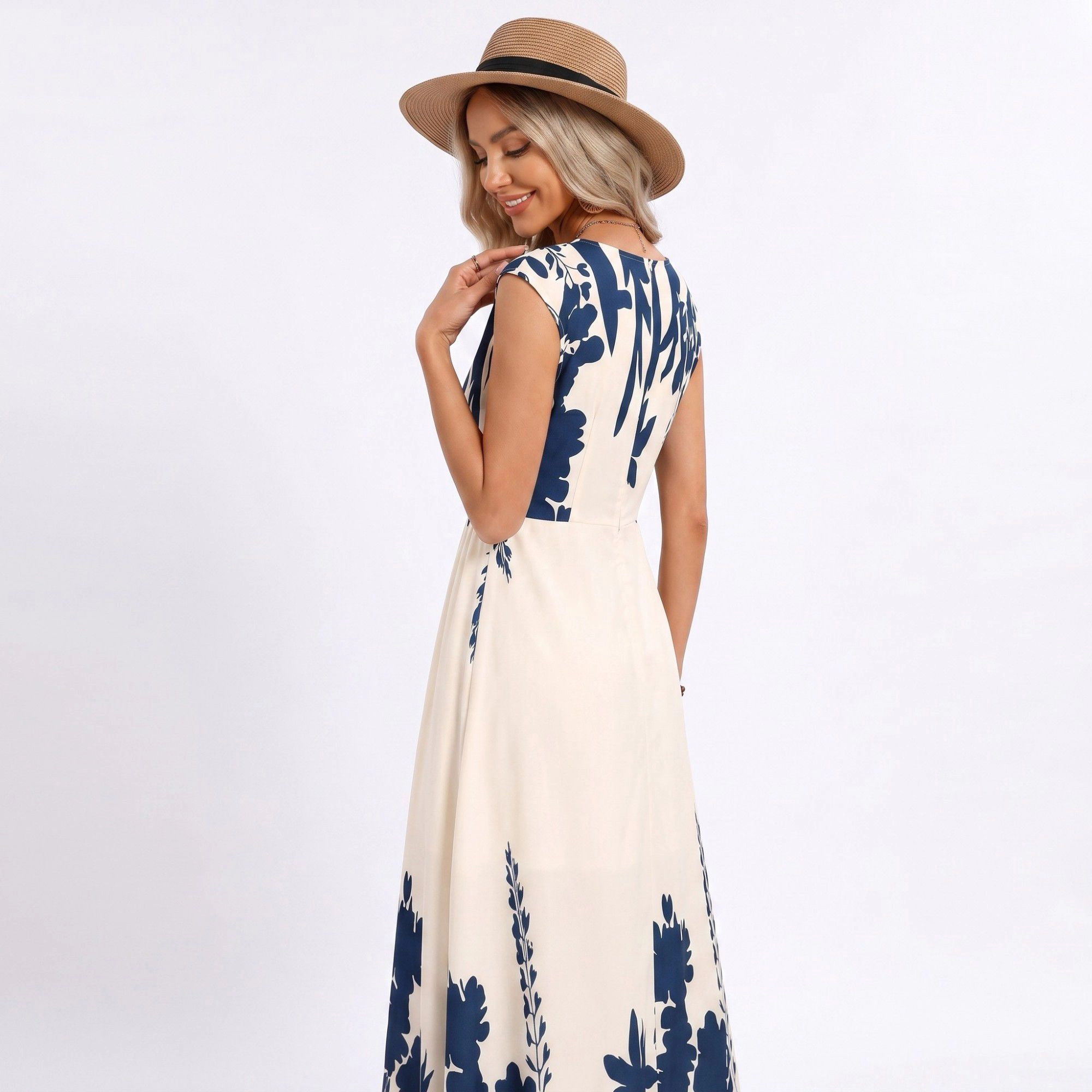 Anna-Kaci Women's Border Print Square Neck Sleeveless A-Line Maxi Dress
