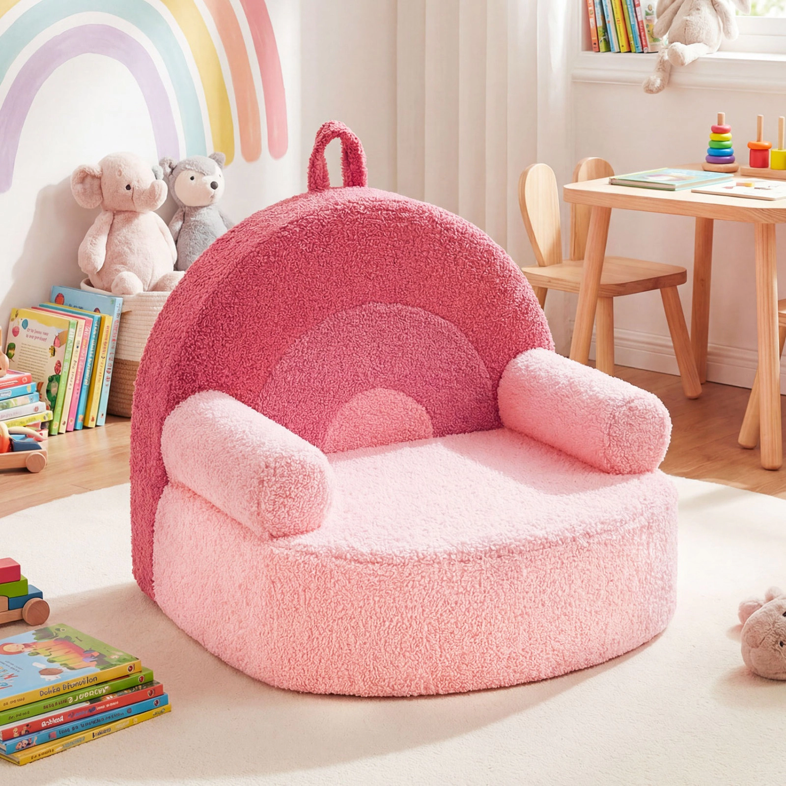 SUGIFT Pink Rainbow Back and Teddy Fleece Cover Kids Foam Couch Toddler Armchair