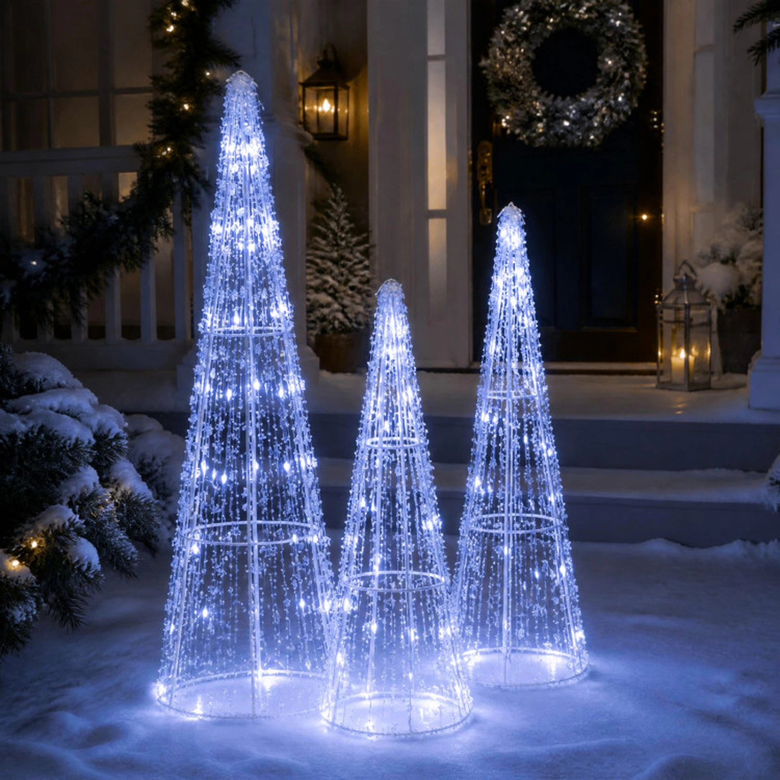 SUGIFT Set of 3 Pre-lit Christmas Cone Trees with Star Strings Metal PS PVC Cold White