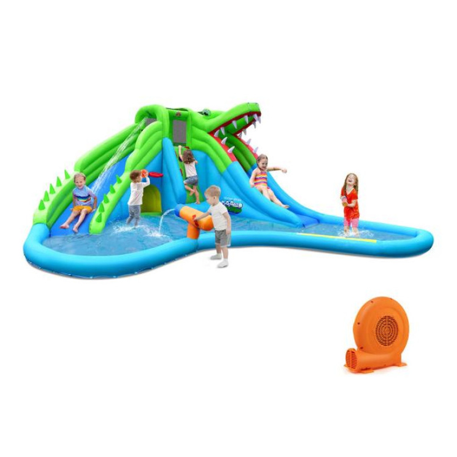 SUGIFT Inflatable Crocodile Style Water Slide Bounce Castle with Double Slides 300-lb Capacity Ages 3-10 Blue Green