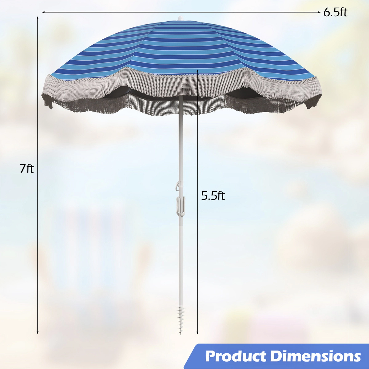 SUGIFT 6.5-ft Fringe Beach Umbrella with Push Button Tilt and Sand Anchor 6.5-ft Canopy 6-lb Net Weight Navy Blue