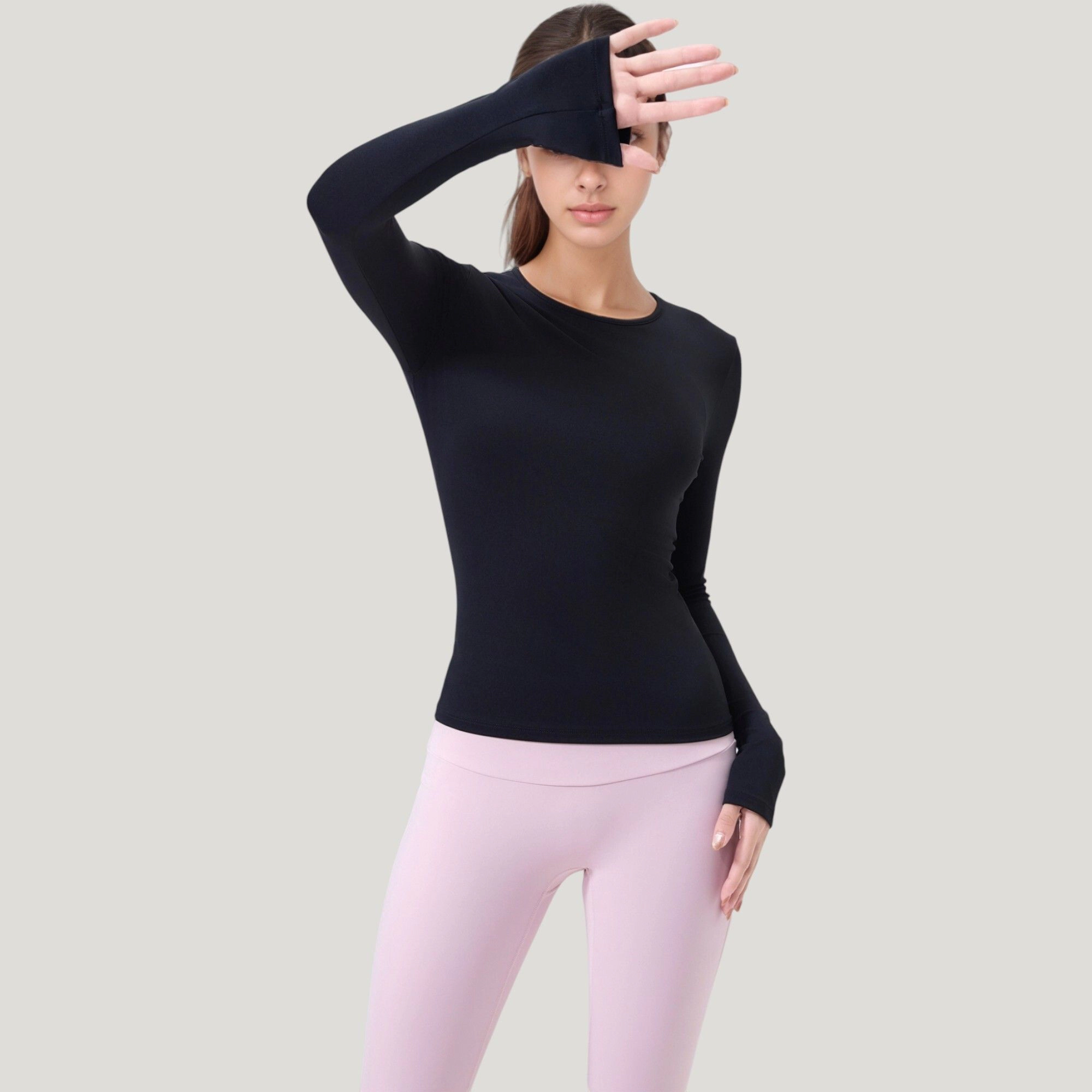 Anna-Kaci Women's Long Sleeve Fitted Activewear Top with Crew Neck and Thumbhole Cuffs