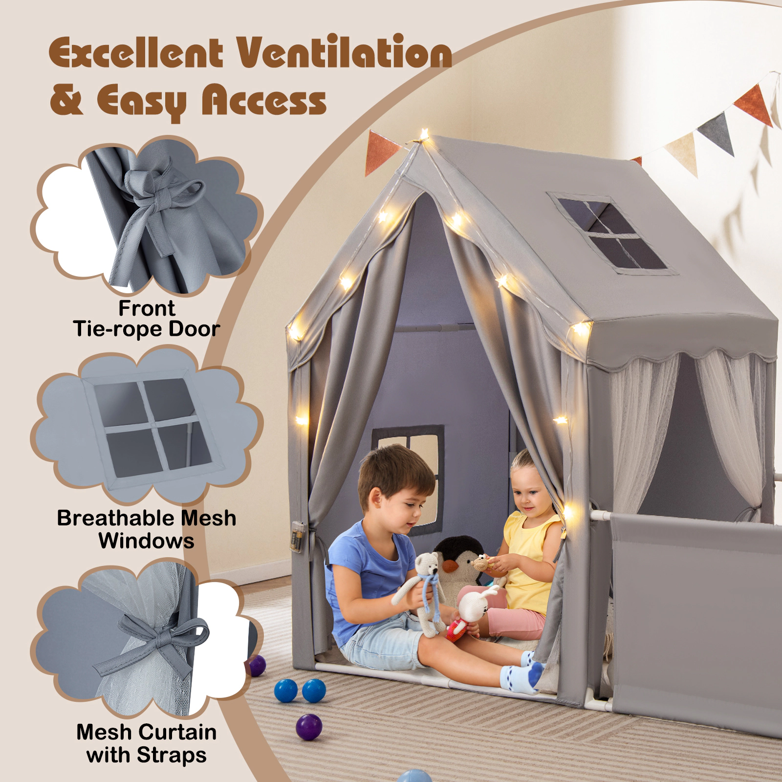 SUGIFT Gray Attached Playpen Toddler Playhouse and Star Lights 2-in-1 Kids Play Tent