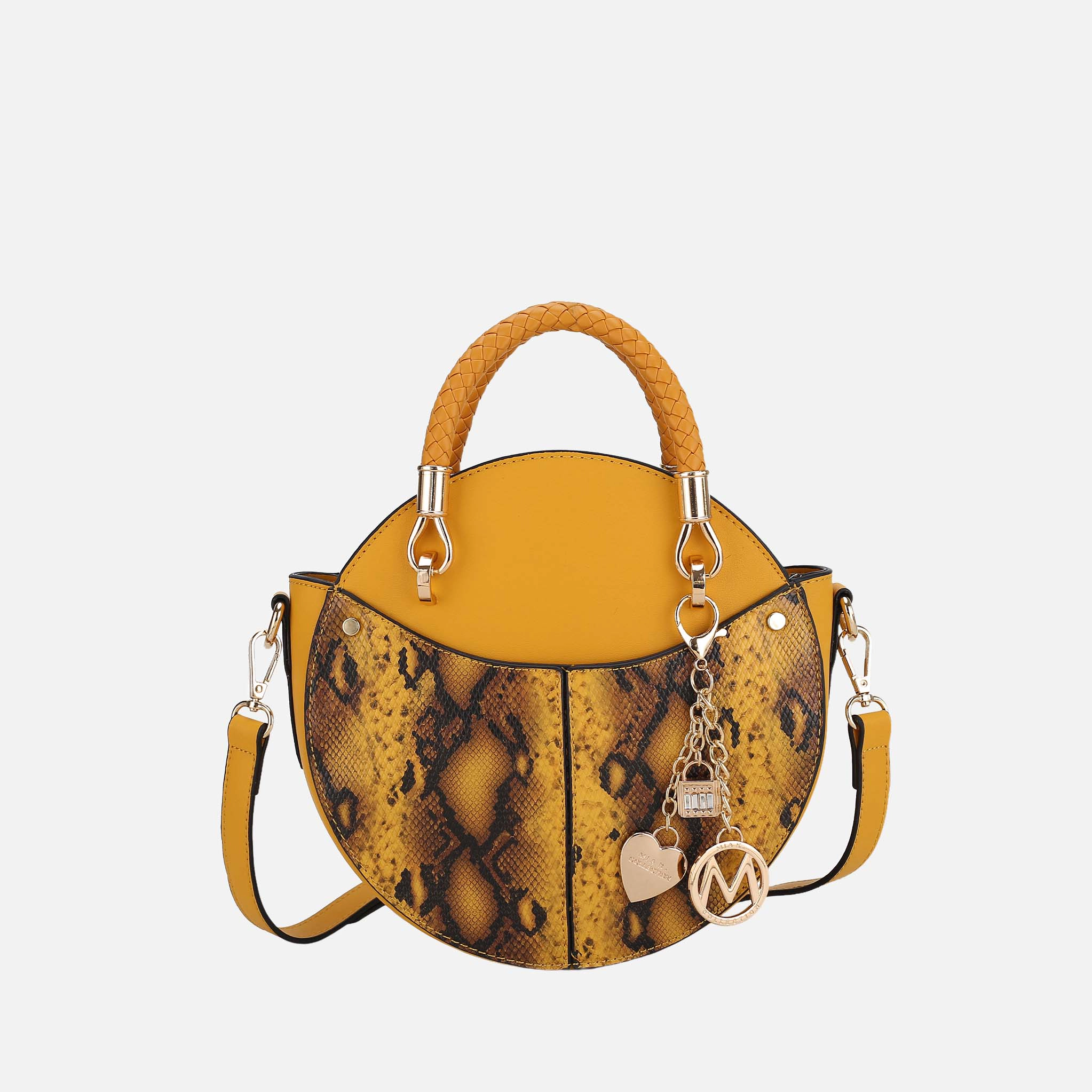 MKF Collection by Mia K Camille Round Crossbody Bag - Snake Embossed Vegan Leather, Mustard