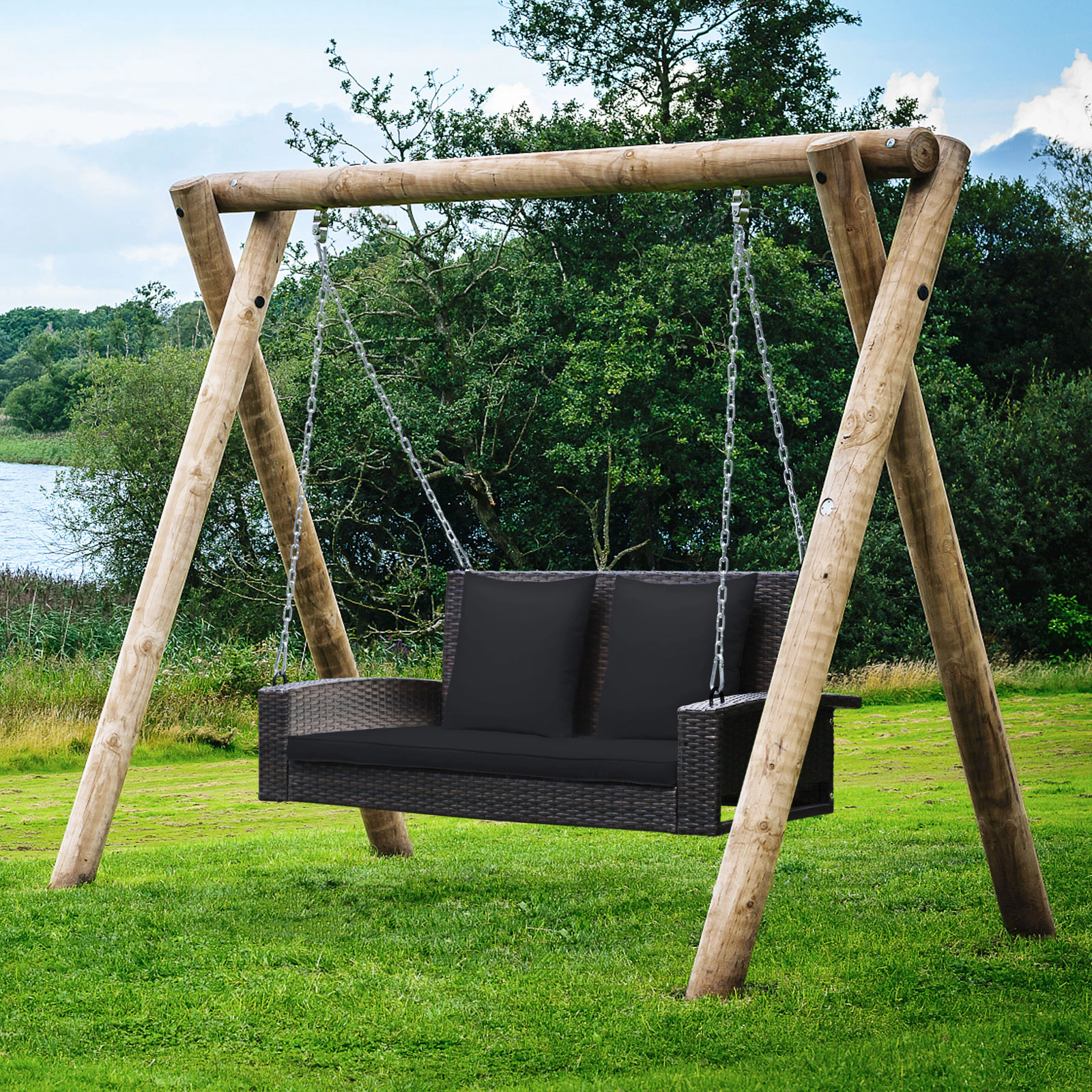 LJG 2-Person Patio Rattan Porch Swing with Cushions