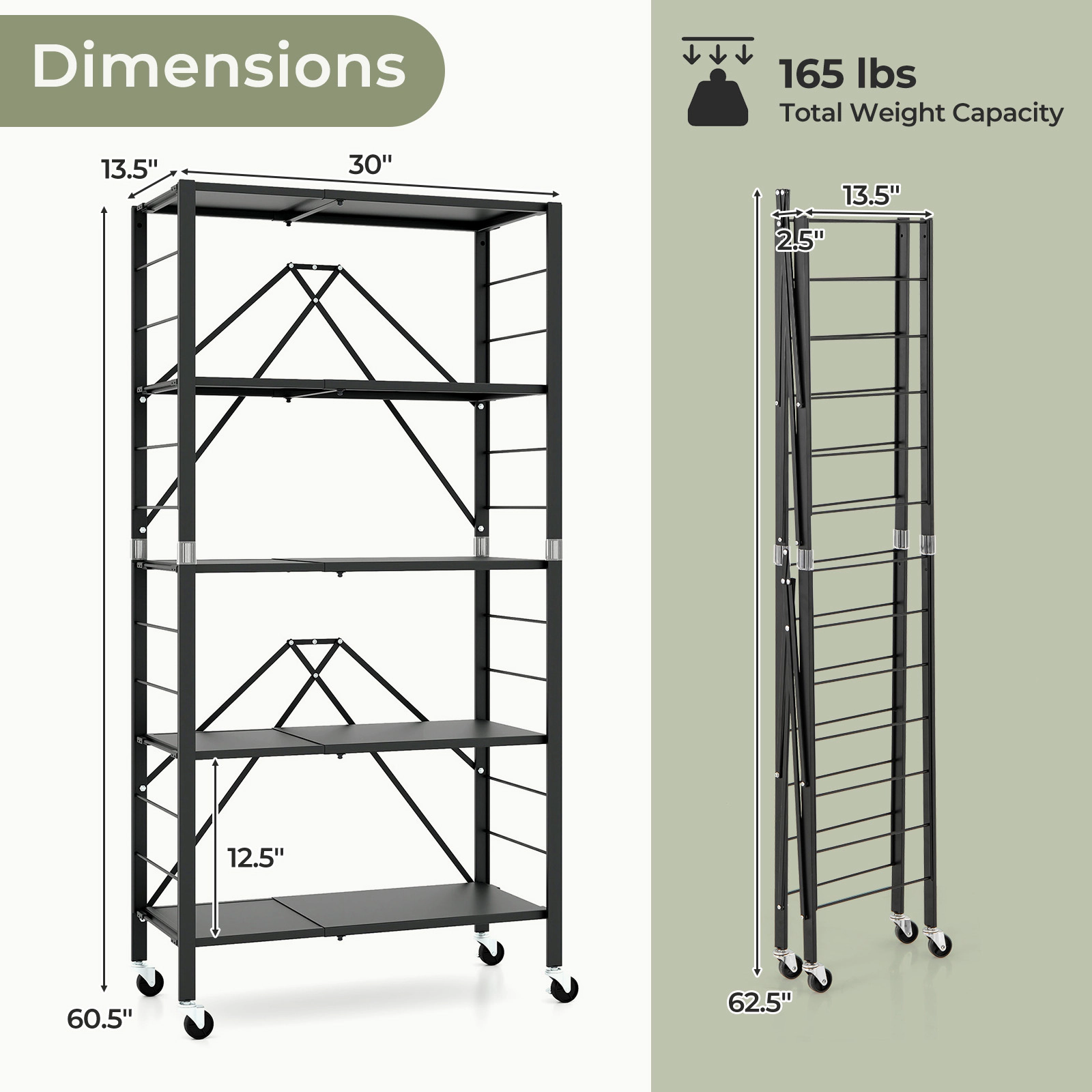 SUGIFT 5-Tier Black Foldable Storage Shelf with Wheels Expandable 19.5-in to 30-in for Garage and Kitchen