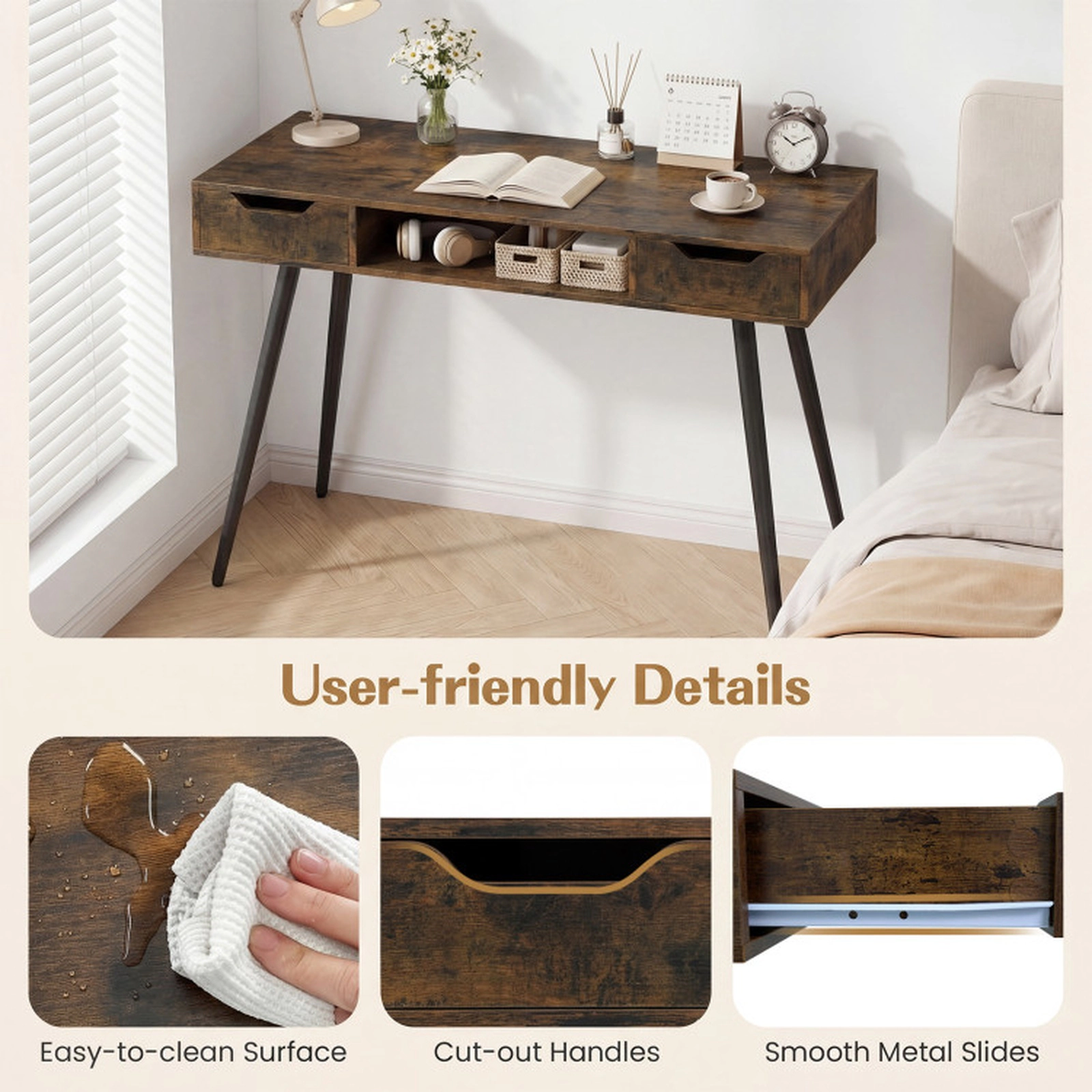 SUGIFT 42.5-Inch Rustic Brown Mid-Century Modern Writing Desk with 2 Drawers