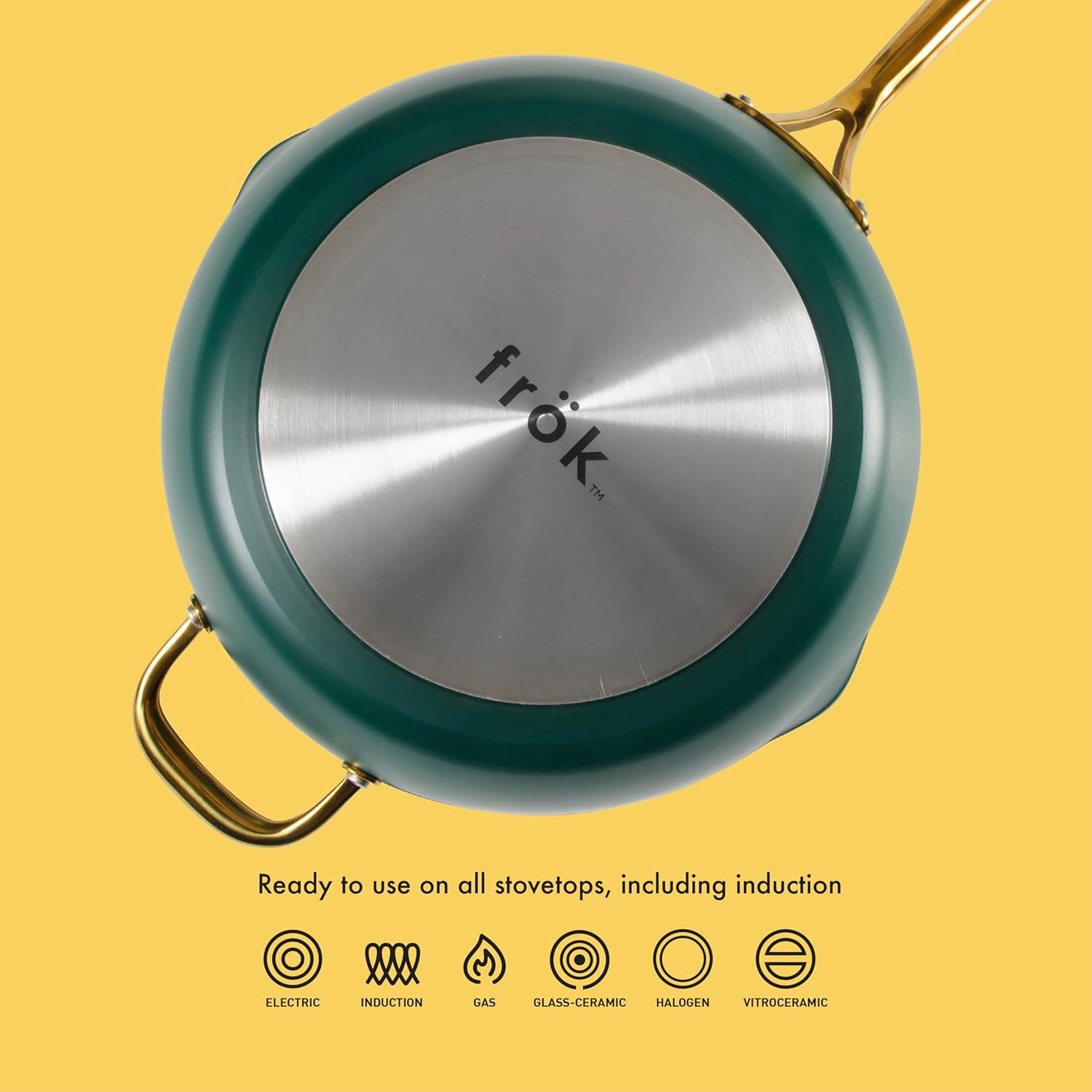 Frok 13 Inch Ceramic Nonstick Aluminum Tall Frying Pan with Lid in Green and Gold Handles