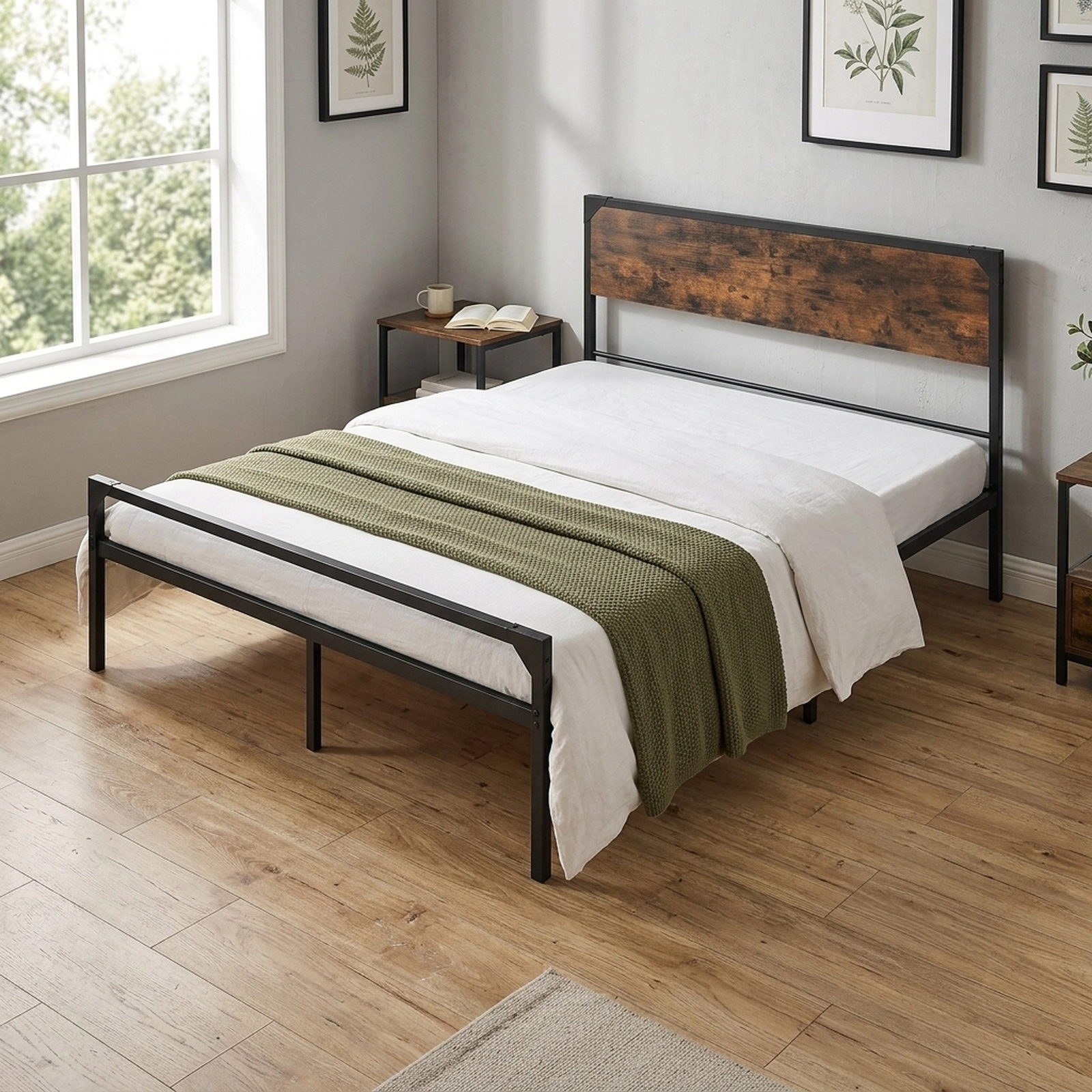 SUGIFT Queen Platform Bed Frame, Rustic Brown Wood Panels, Black Metal, Headboard and Footboard