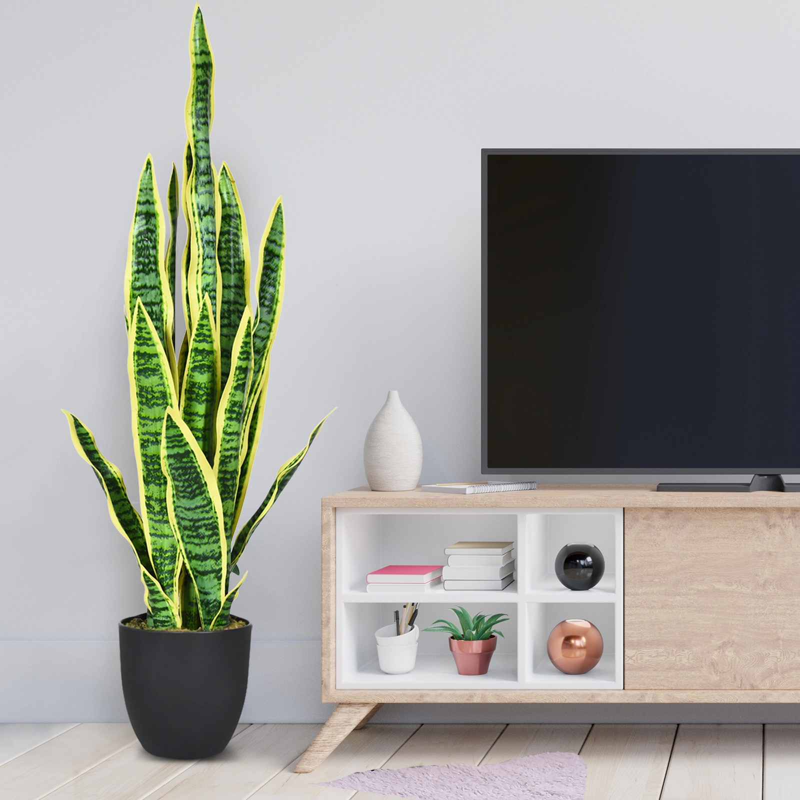 Slickblue 35.5 In Artificial Snake Plant with Realistic Textured Leaves and Cement Filled Pot