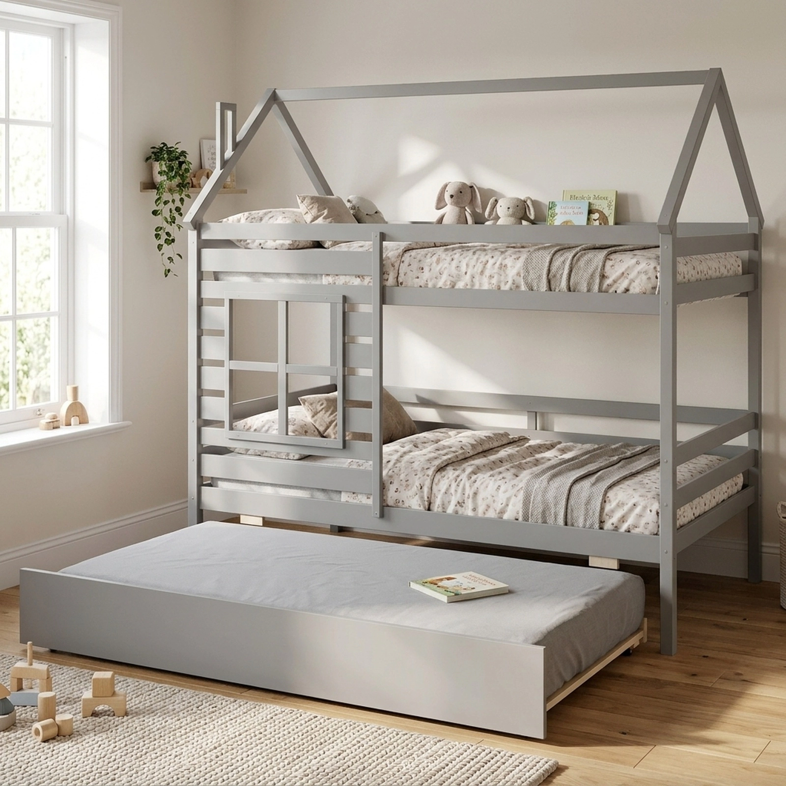 SUGIFT Twin House Bed with Trundle, Roof, Chimney, Window and Guardrails, Gray