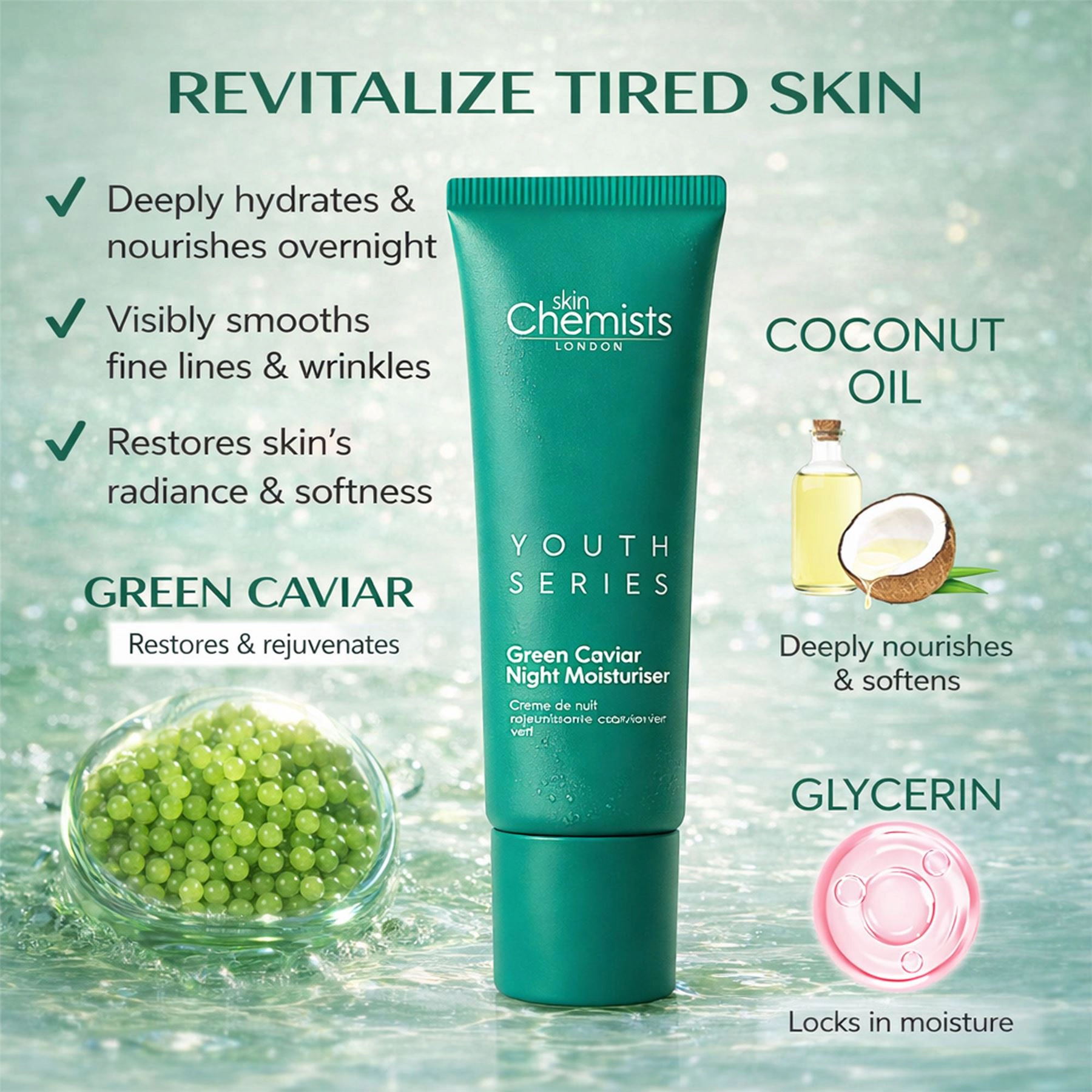 skinChemists Youth Series Green Caviar Night Moisturiser 50ml, Anti-Aging Hydrating Night Cream