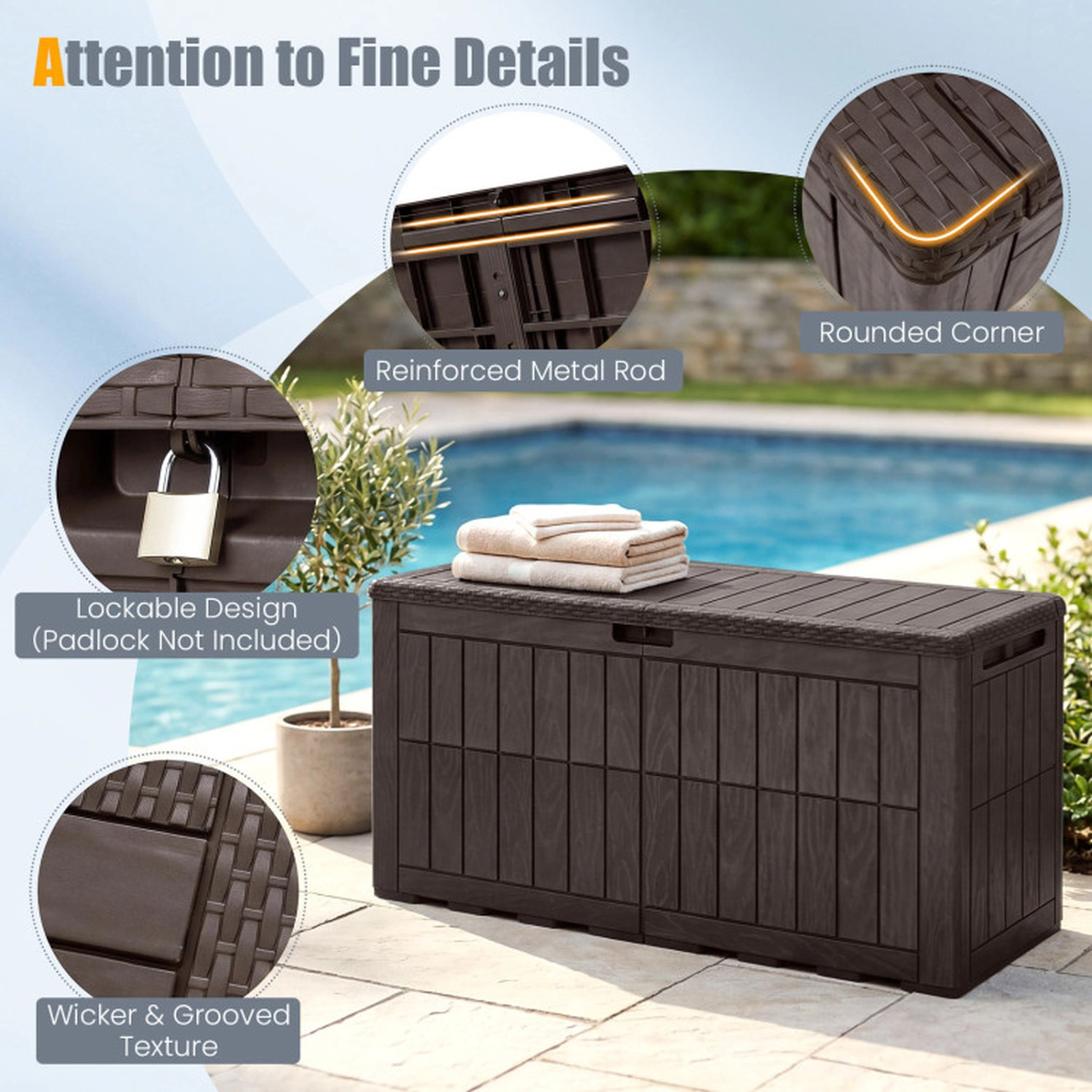 SUGIFT Waterproof Lockable Outdoor Deck Box 100-Gallon Storage 310-lb Seating Capacity Dark Brown