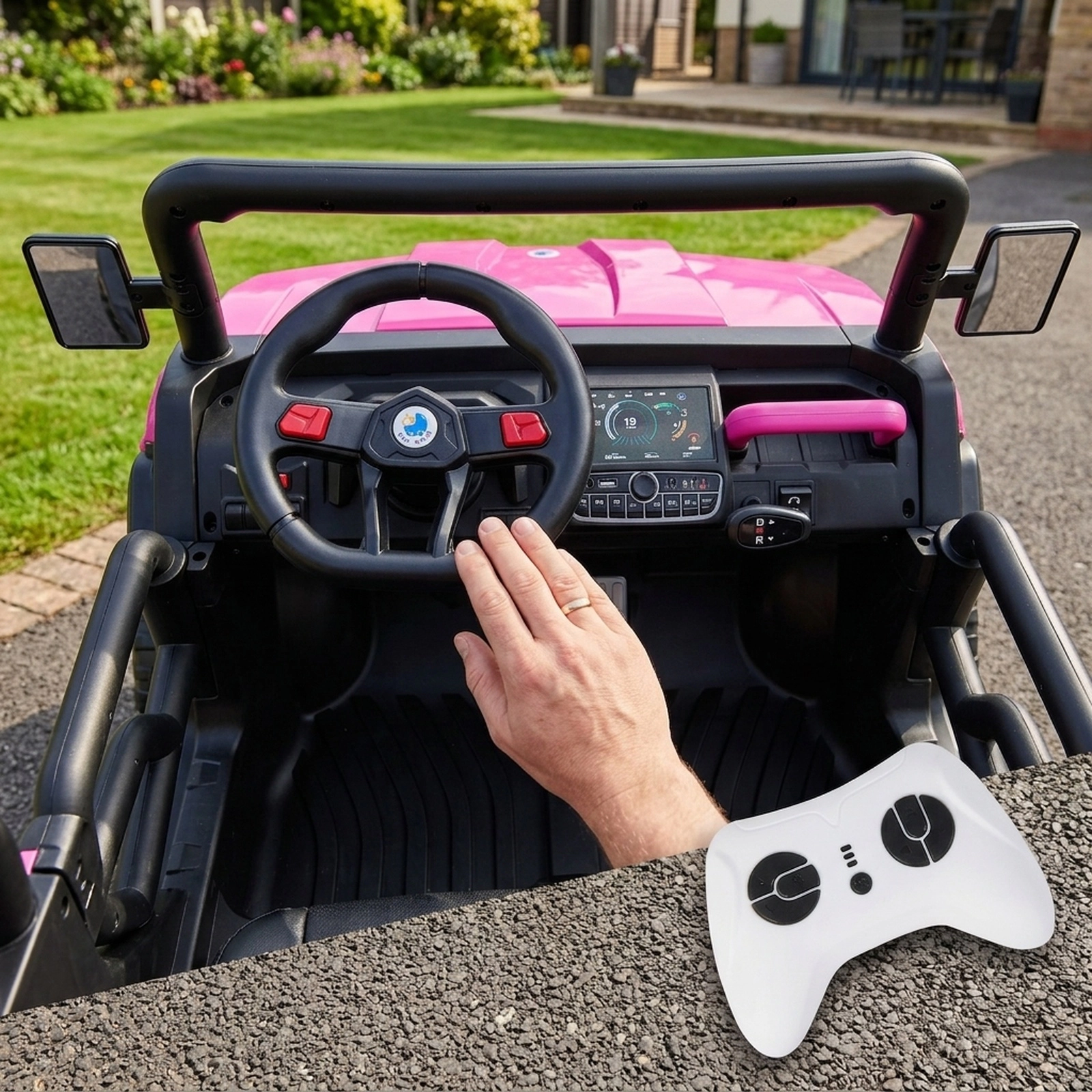 24V Kids Ride On Car One-Button Dump Bed Shovel Holder Parent Remote and Spring Suspension Ages 3-8 Pink Dump Truck