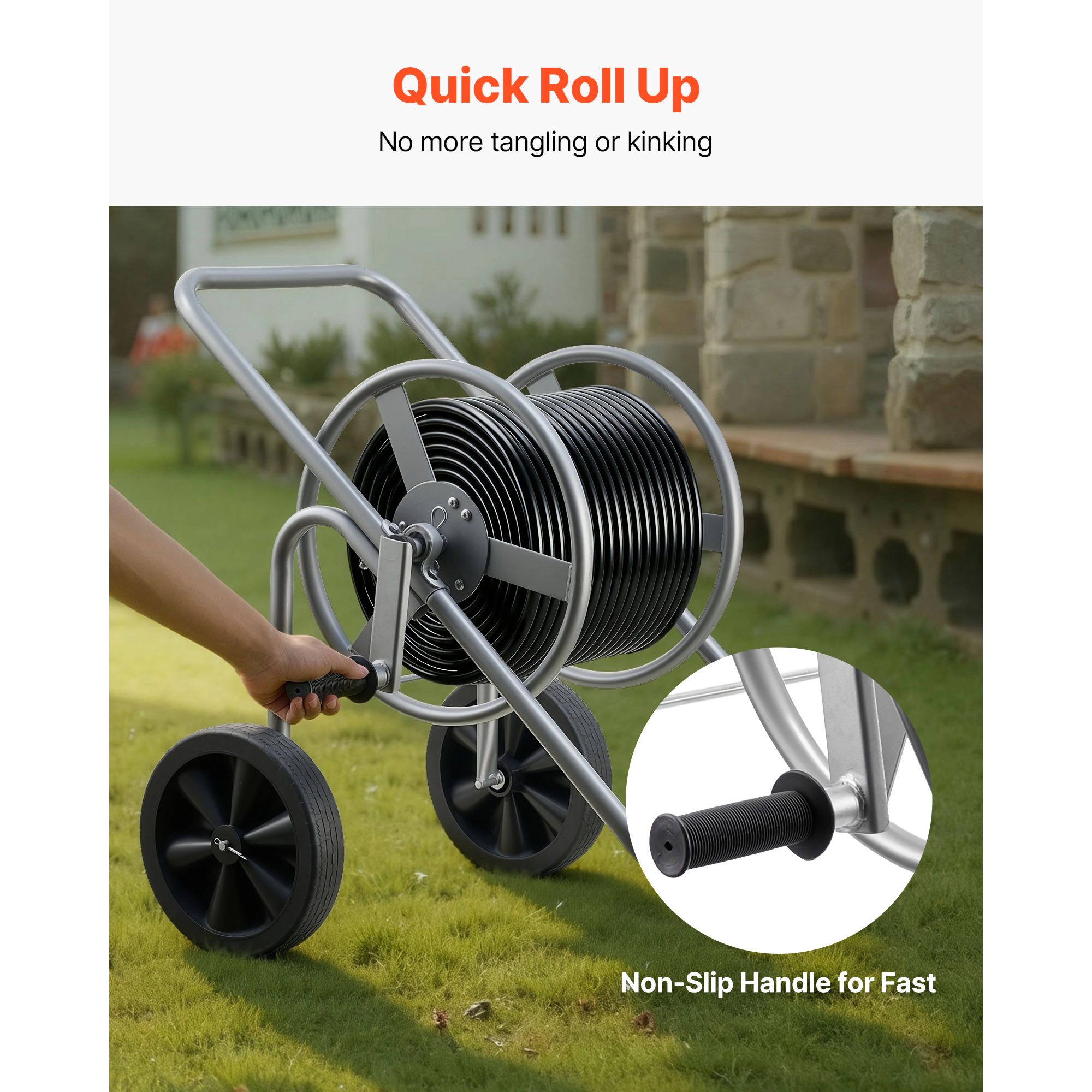 HONGGE Heavy-Duty Garden Hose Reel Cart with Two Wheels, Handle & Mesh Storage Basket, Portable for Garden Car