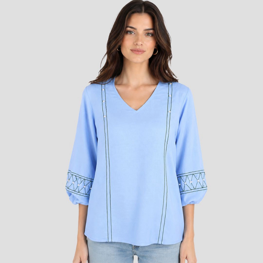 Artyska Women's Linen V-Neck Embroidered Puffed 3/4th Sleeve Blouse Top