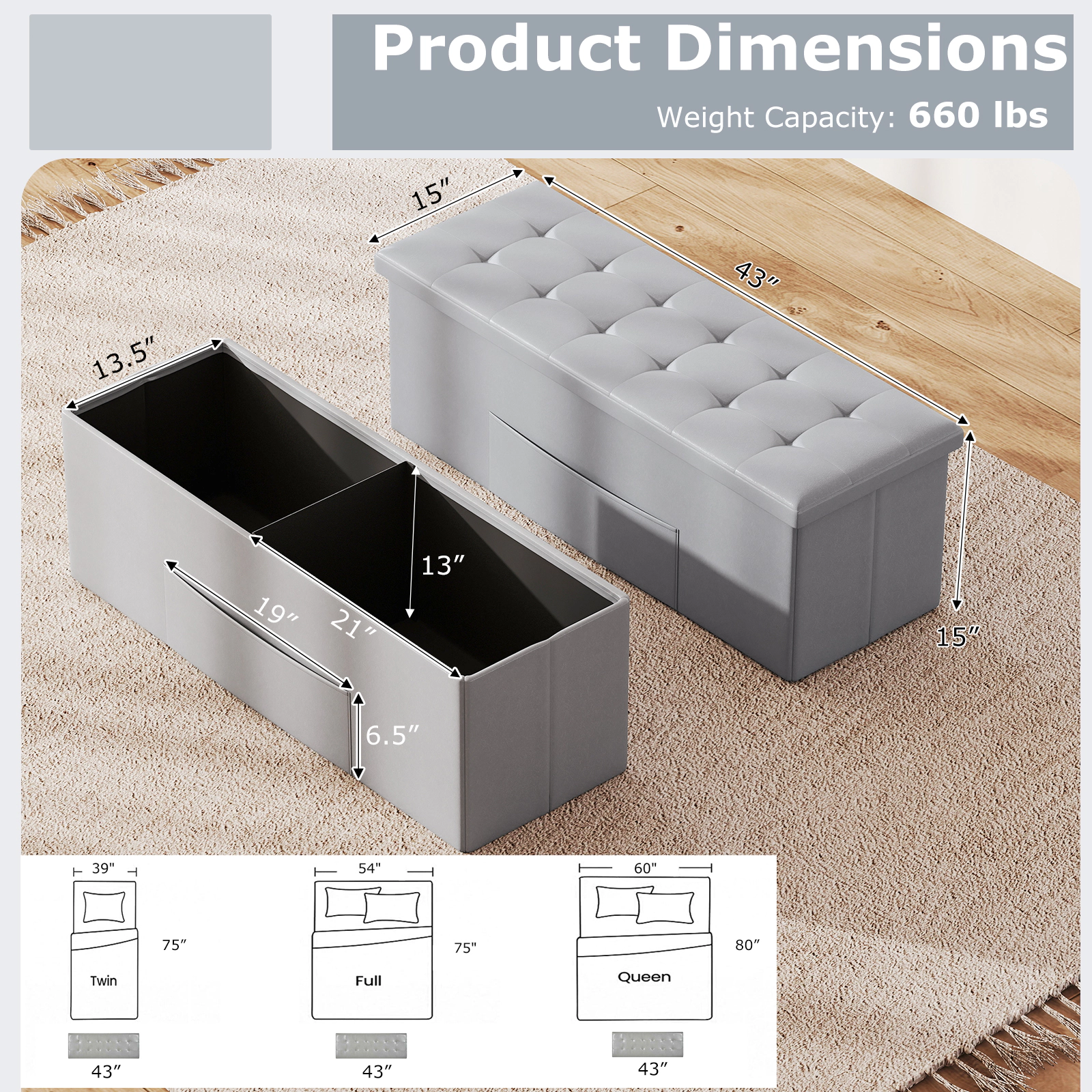 SUGIFT 43-in Folding Storage Ottoman Bench Foot Rest Stool with 550-lb Capacity 38-Gallon Storage 43 x 15 x 15 in Gray
