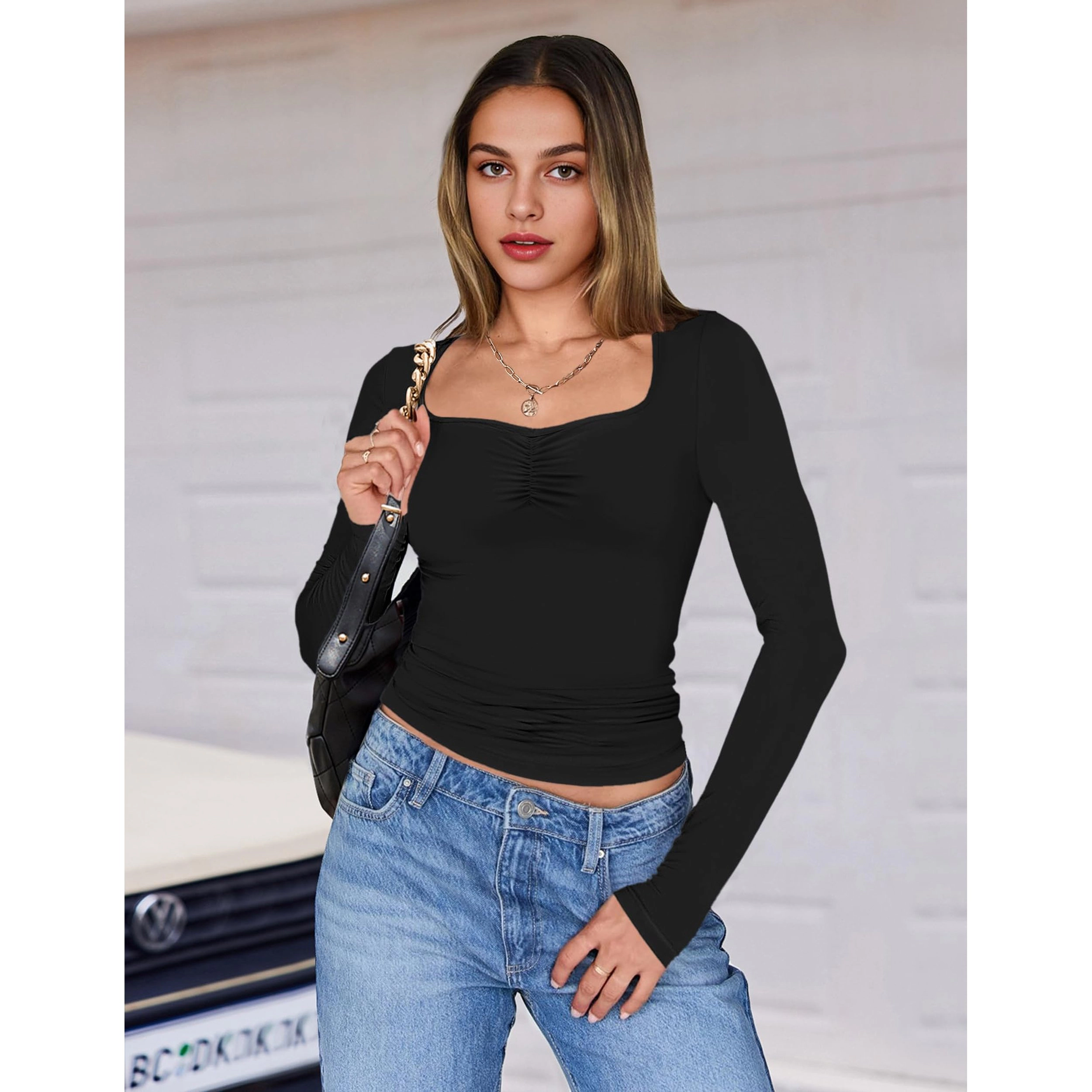 Ekouaer Women's Square Neck Long Sleeve Ruched Slim Fit T-Shirt