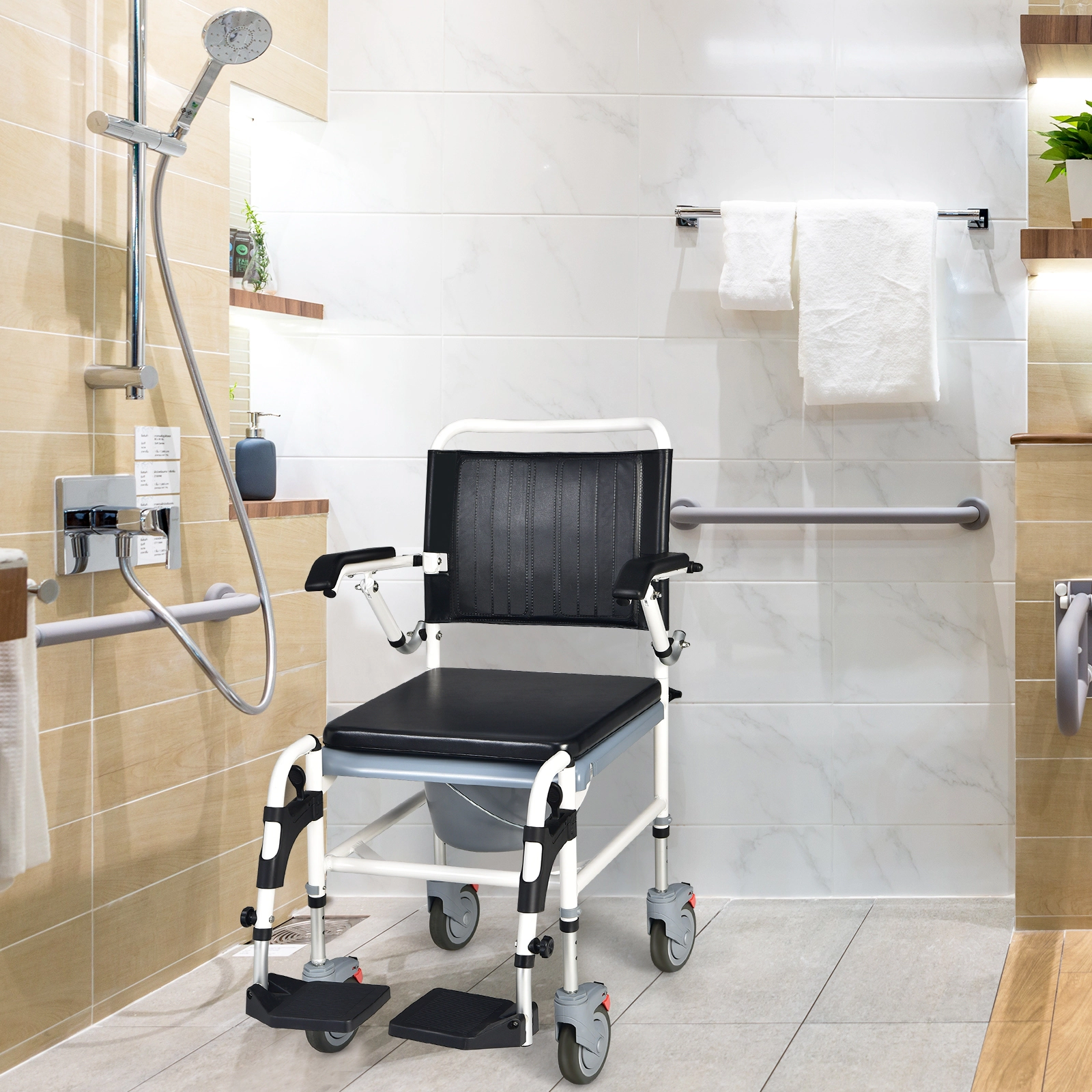 SUGIFT 300-lb Capacity 4-in-1 Bedside Commode Wheelchair with Detachable Bucket Lid and Locking Wheels