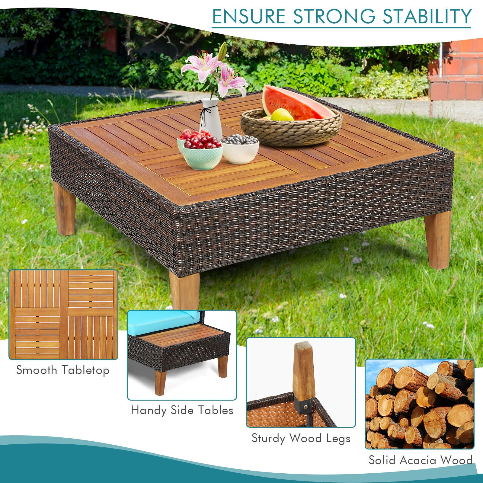 LJG 4 Pieces Patio Cushioned Rattan Furniture Set with Wooden Side Table