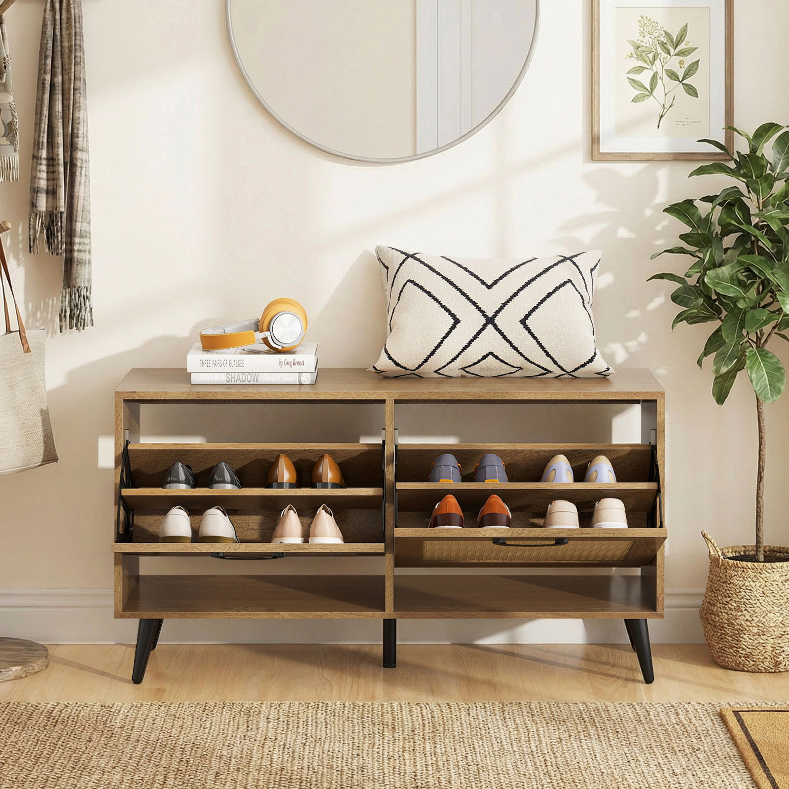 SUGIFT Freestanding Shoe Cabinet with 2 Flip Drawers and Adjustable Shelves 110-lb Top Capacity 33-lb Shelves Natural