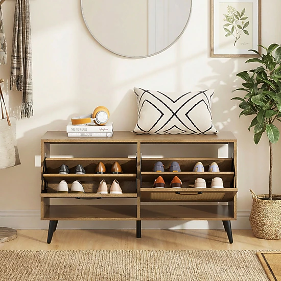 Glintex 40-Inch Shoe Bench with 2 Flip Drawers Rattan Texture and Back Vents, Natural