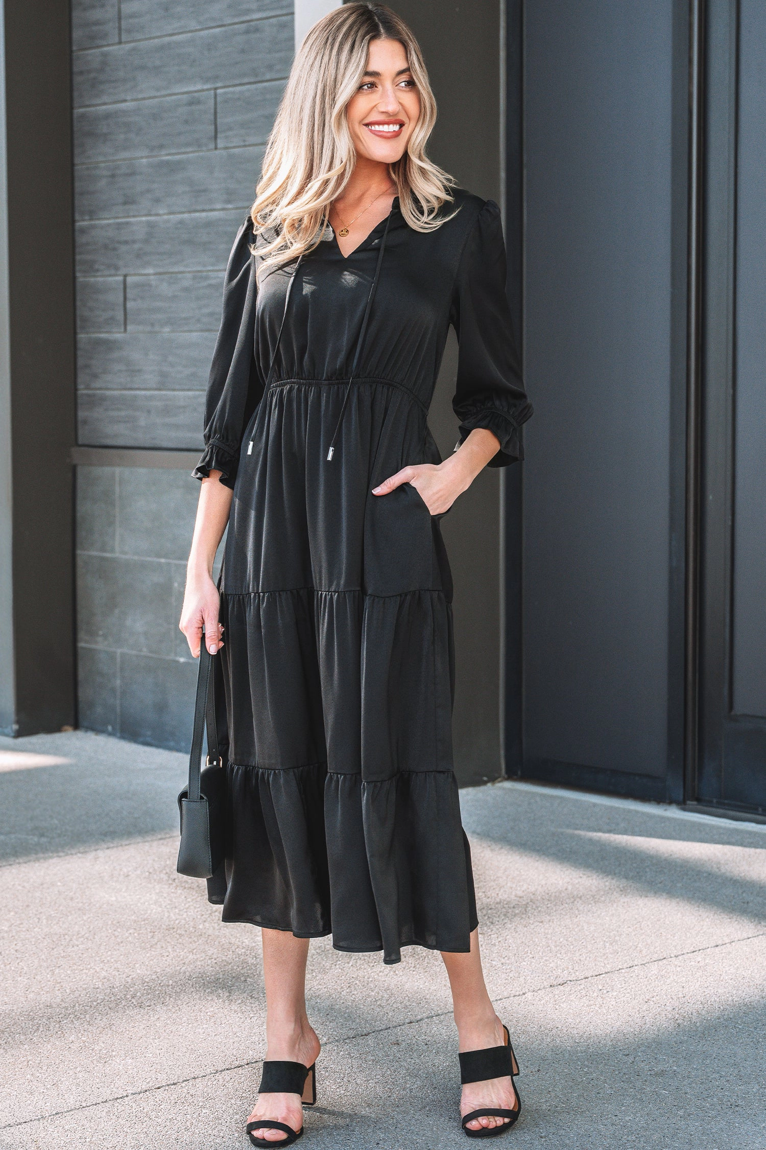 Threaded Pear Women's Natasha Sleeve Tiered Maxi Dress