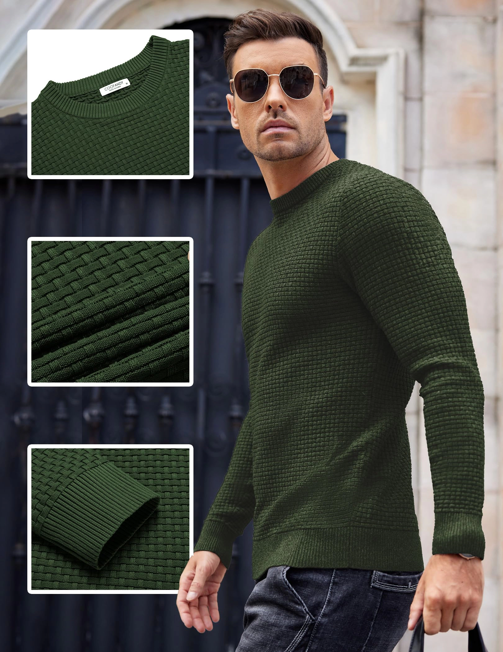 COOFANDY Mens Textured Long Sleeve Sweater Fall Crew Neck Casual Pullover Tops
