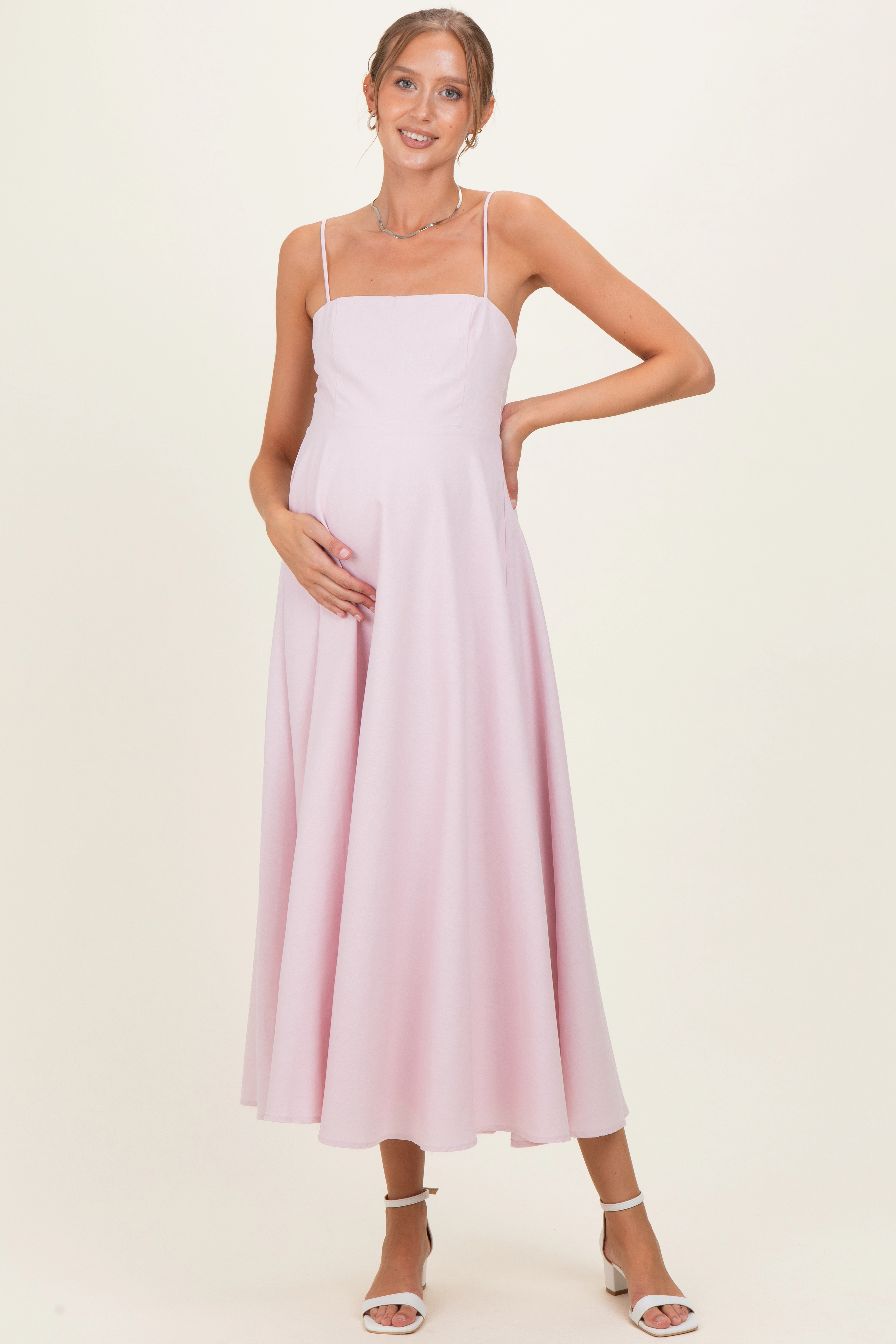 PinkBlush Womens Light Pink Linen A-Line Flared Maternity Midi Dress