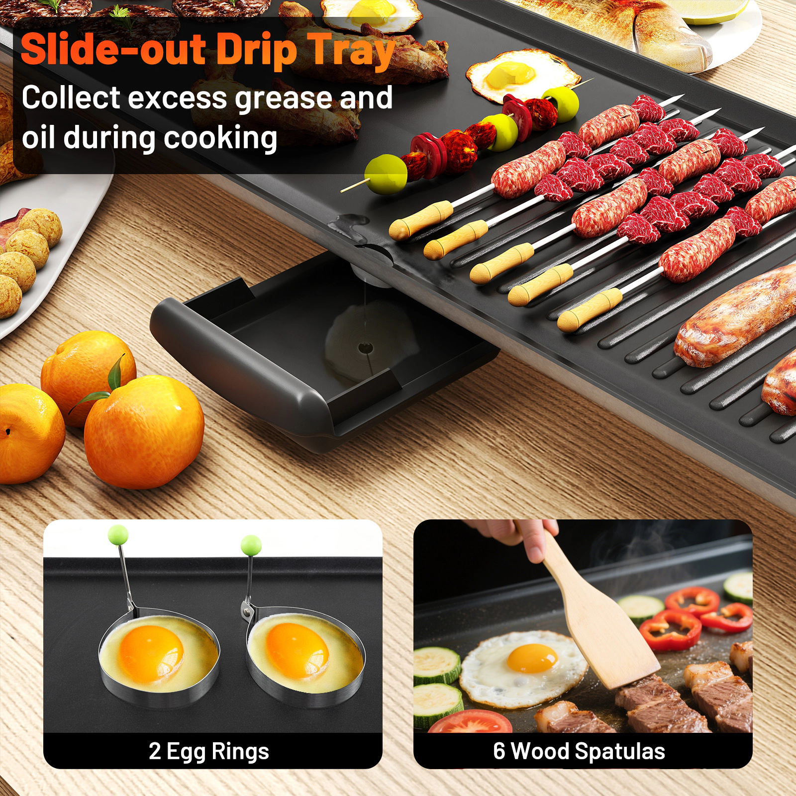 SUGIFT 39.5-in Extra Large Electric Griddle with 2 Cooking Surfaces Adjustable Temperatures 1400W Black