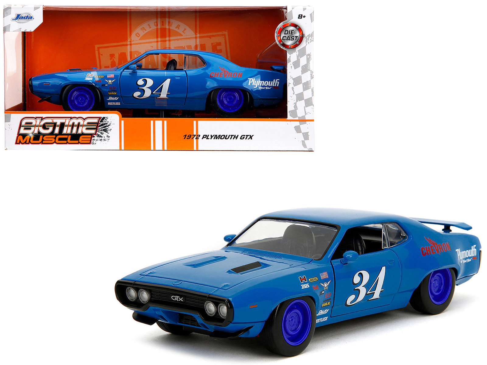 Jada 1972 Plymouth GTX #34 Blue with Graphics "Bigtime Muscle" Series 1/24 Diecast Model Car by Jada