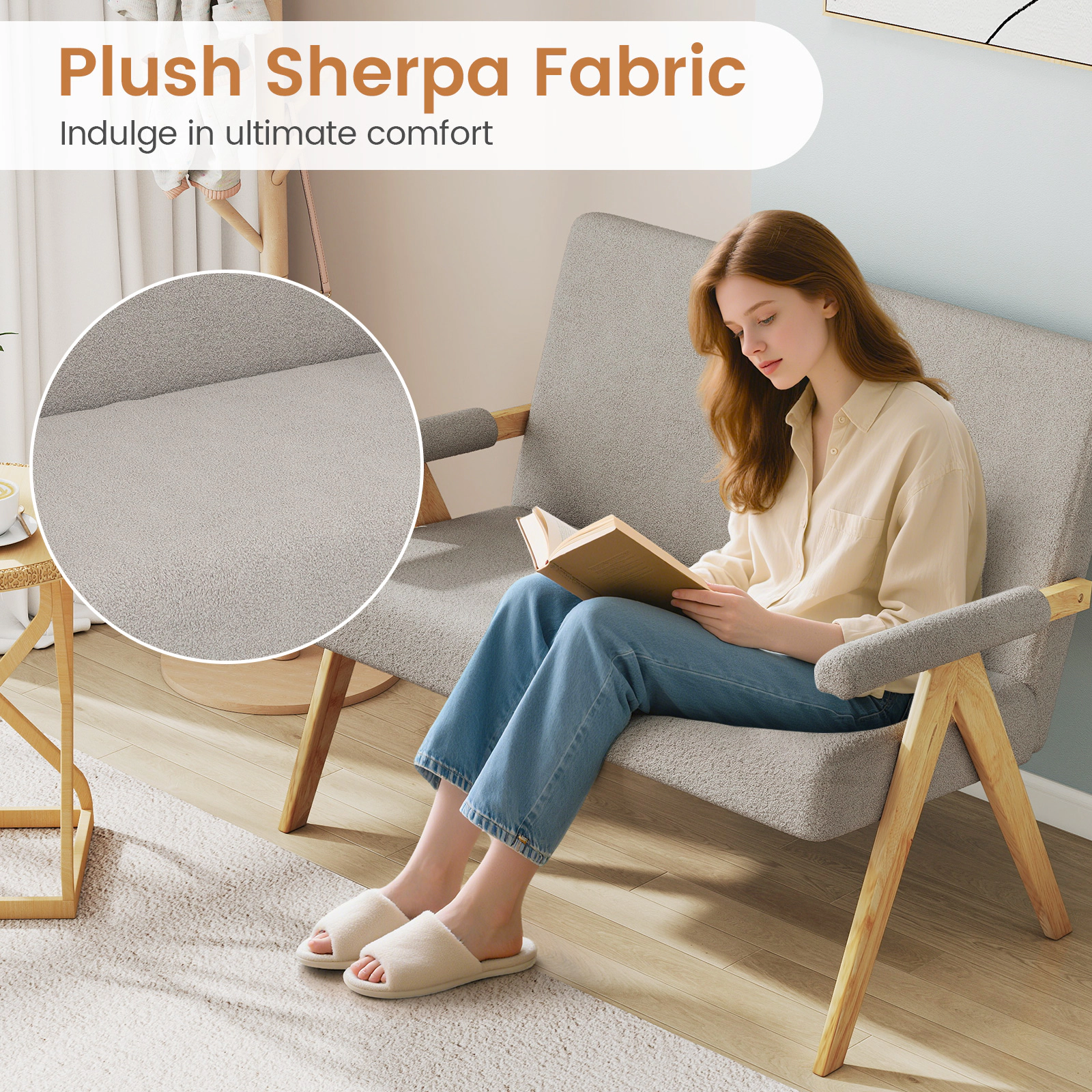 SUGIFT Loveseat Sofa Gray Sherpa Upholstered with Armrests and Wooden Legs