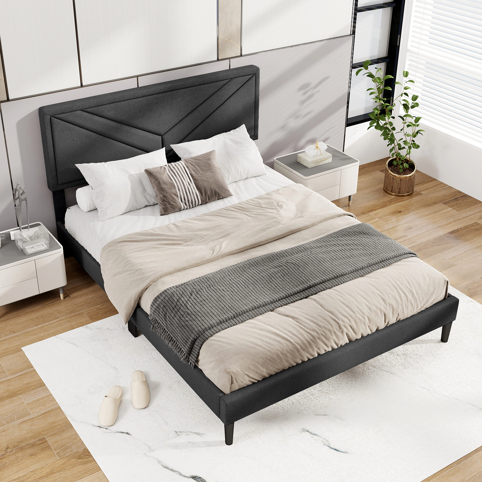 SUGIFT Queen Upholstered Platform Bed, Gray Faux Linen Tufted Panel Headboard