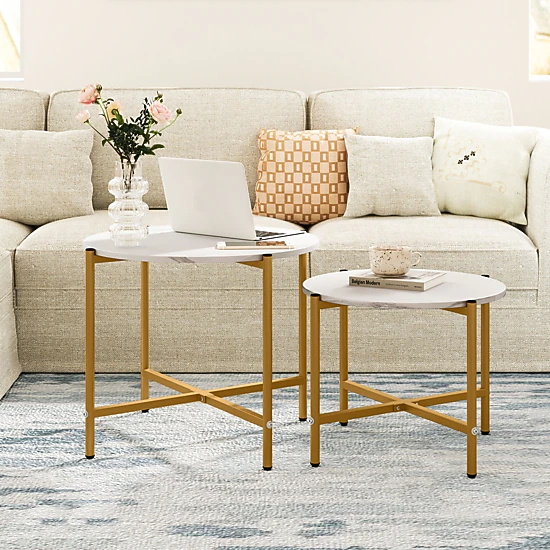 Glintex 2-Piece Round Nesting Coffee Table Set with X-Shaped Metal Frames