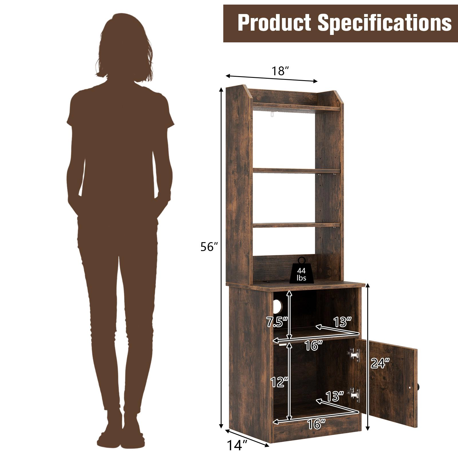 SUGIFT 6-Tier Rustic Brown 56-in Tall Bookshelf Nightstand with Charging Station 2 USB Ports and Cabinet