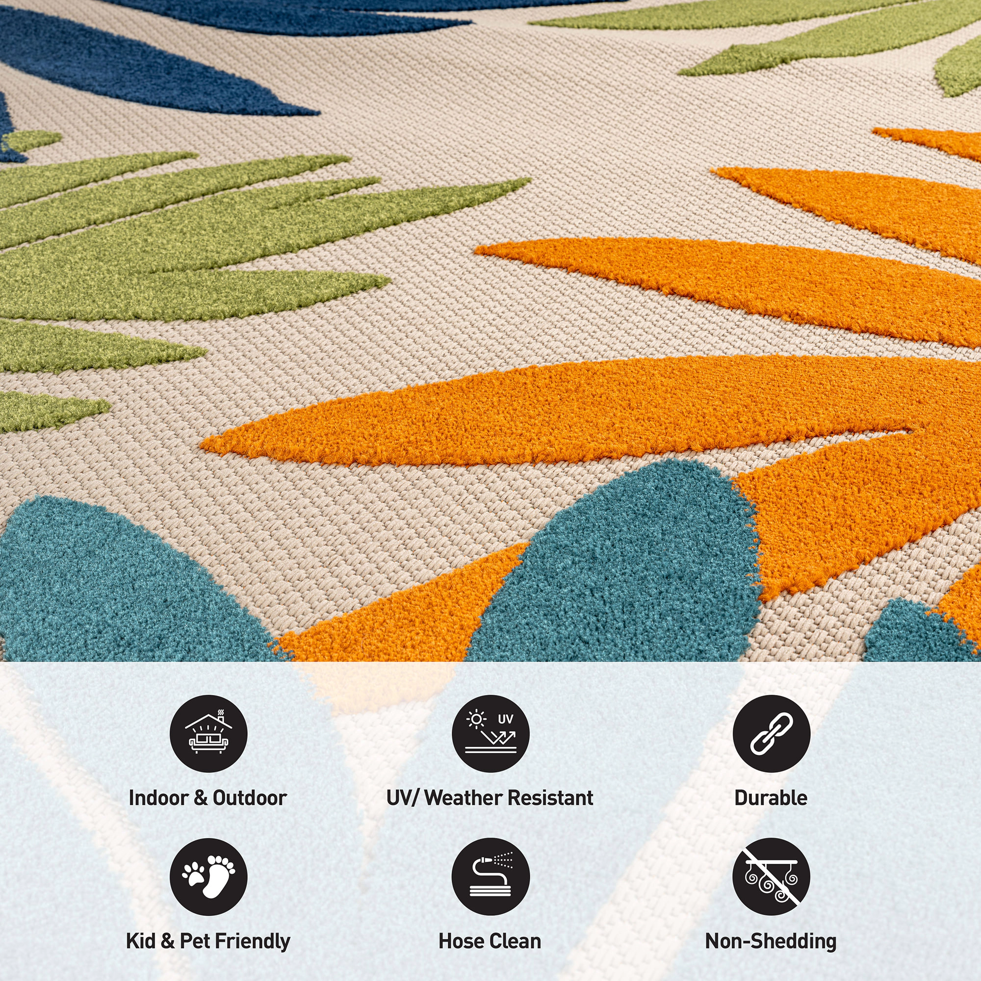 World Rug Gallery Indoor/Outdoor High-Low Textured Area Rug, Palm Ivory/Multi, Easy-Clean Patio