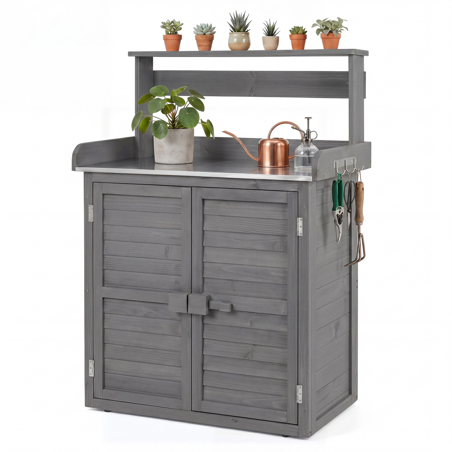LJG Wood Plant Workstation with Stainless Steel Tabletop and Removable Shelves