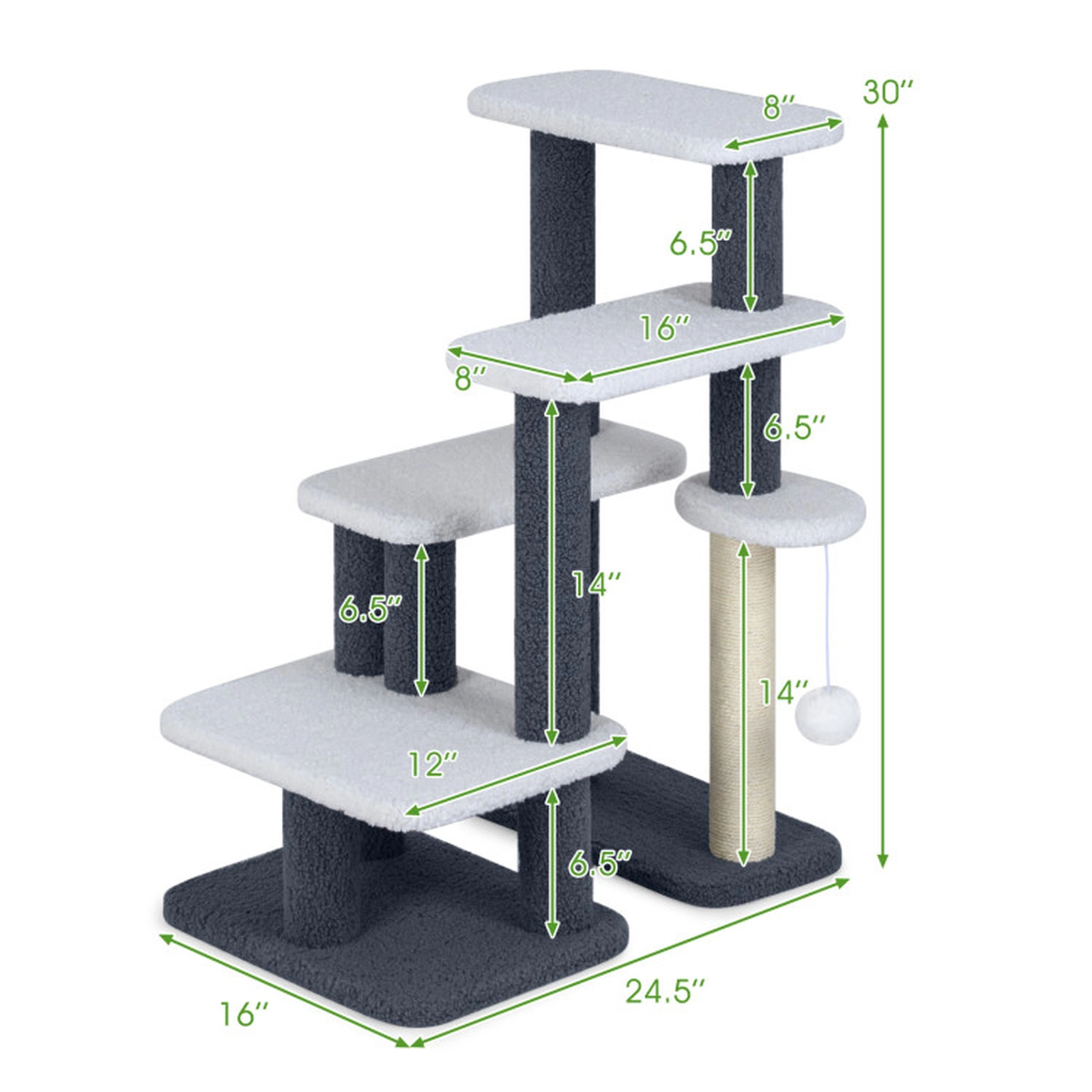 SUGIFT 2-in-1 Cat Stairs Cat Tree Tower with Scratching Posts and Hanging Toy Ball 33-lb Capacity Gray