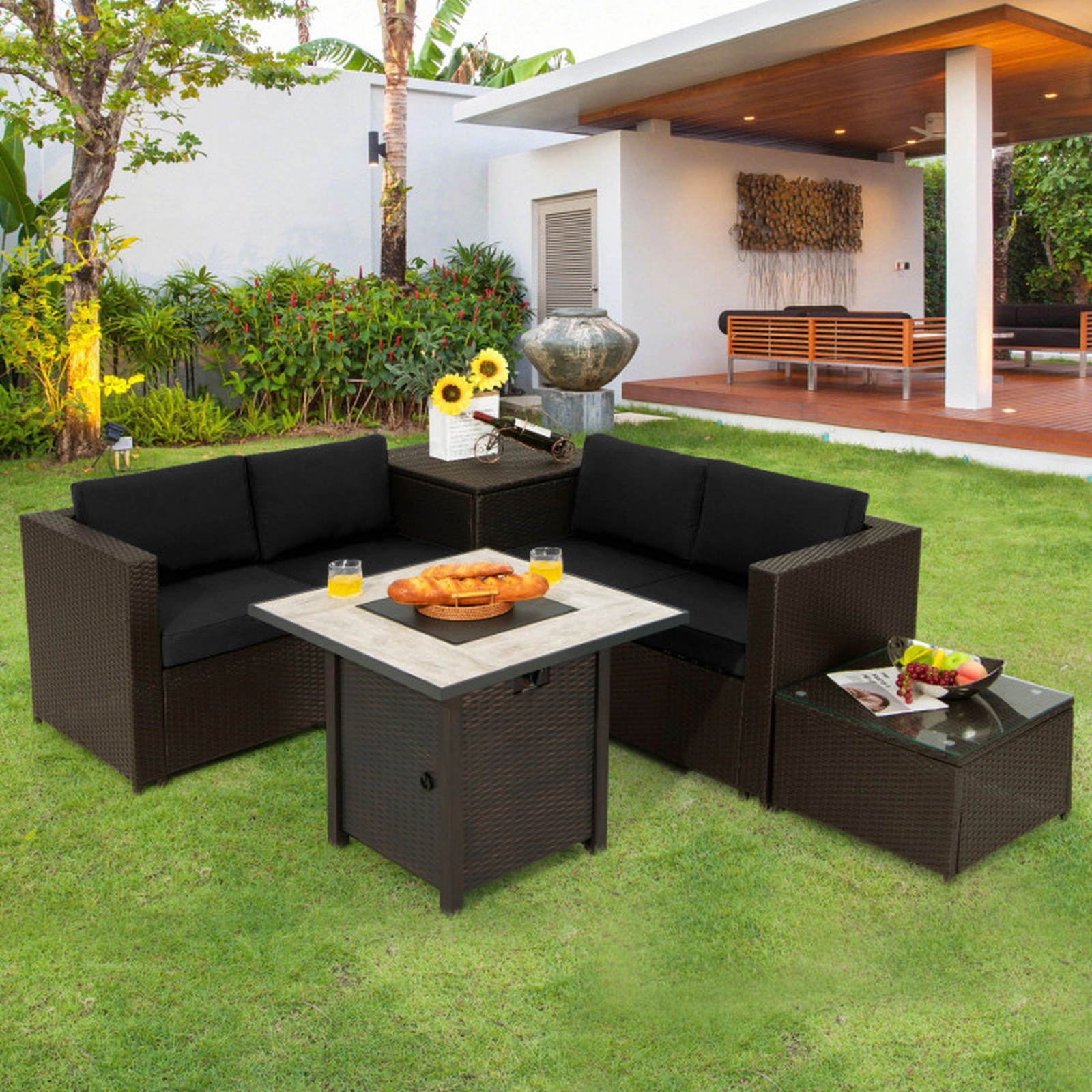 SUGIFT 5-Piece Black Patio Wicker Sofa Set with 30-in Gas Fire Pit Table 50000-BTU 800-lb Loveseat Capacity