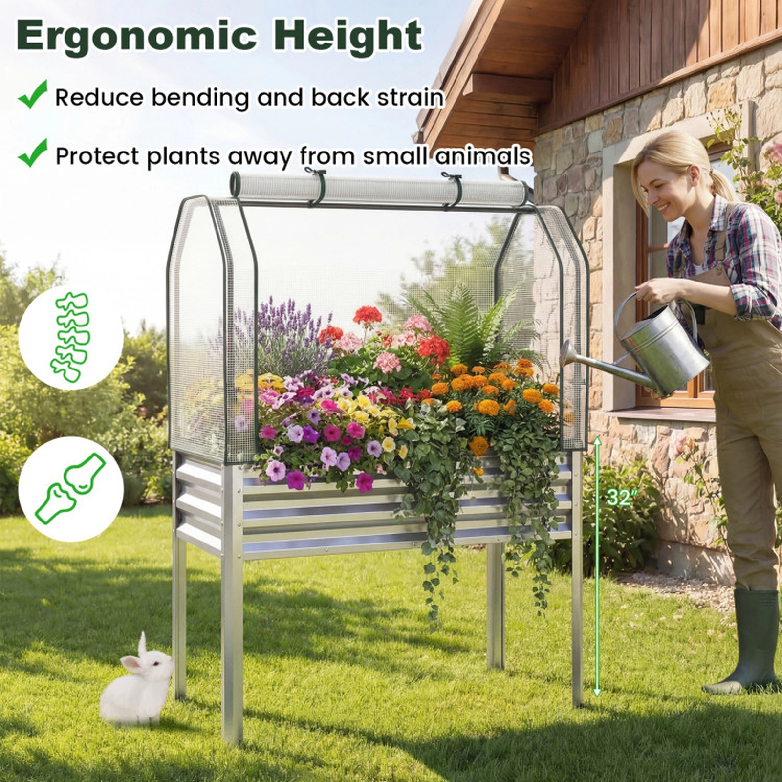 SUGIFT Galvanized Raised Garden Bed with Legs and Greenhouse Cover 175-lb Capacity Silver