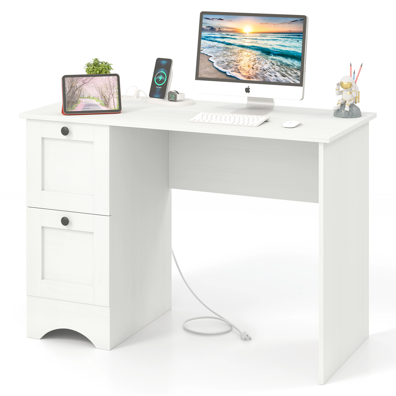 SUGIFT 43-Inch Modern White Computer Desk with 2 Drawers, Charging Station and Cable Hole